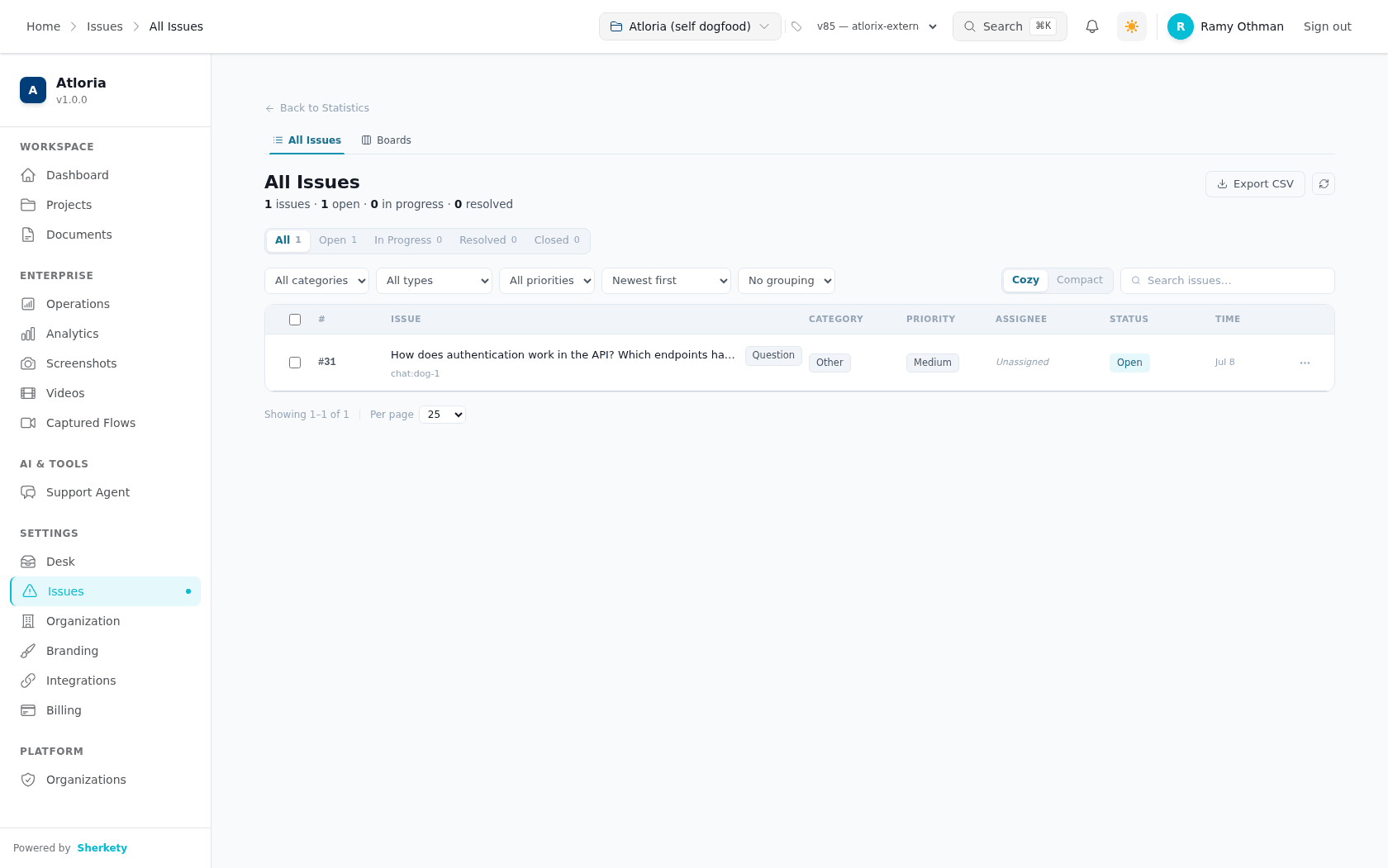 Use the list controls and status counts to locate the issue you need to open.