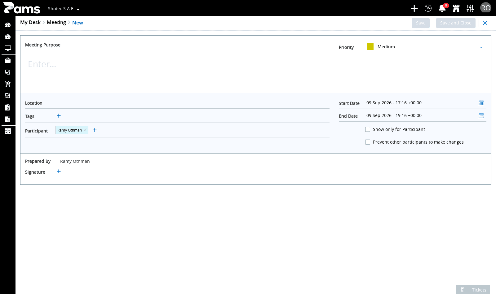 The Meeting form with the Priority control open