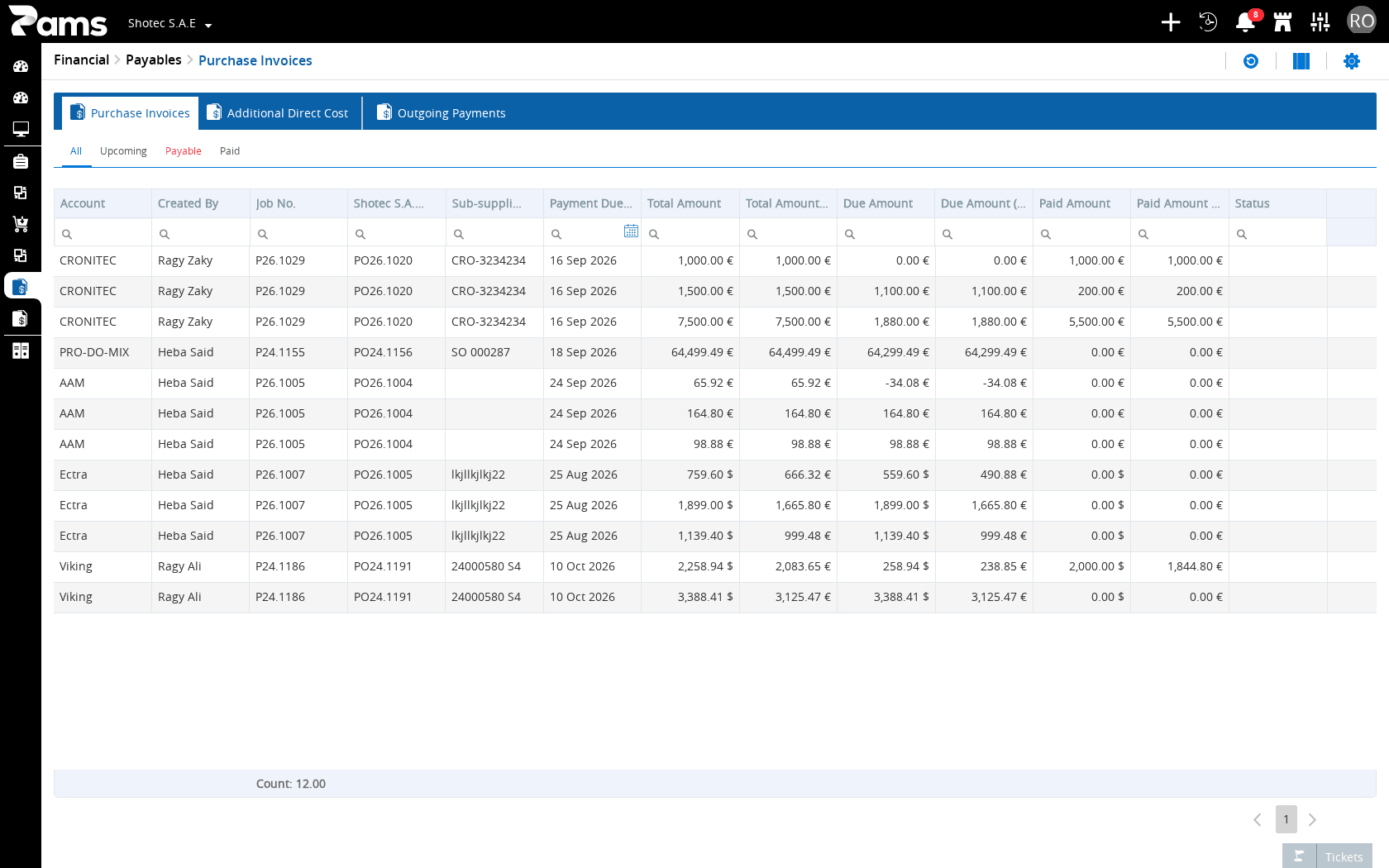 Review the Purchase Invoices list, its list-family tabs, status views, and current headers.