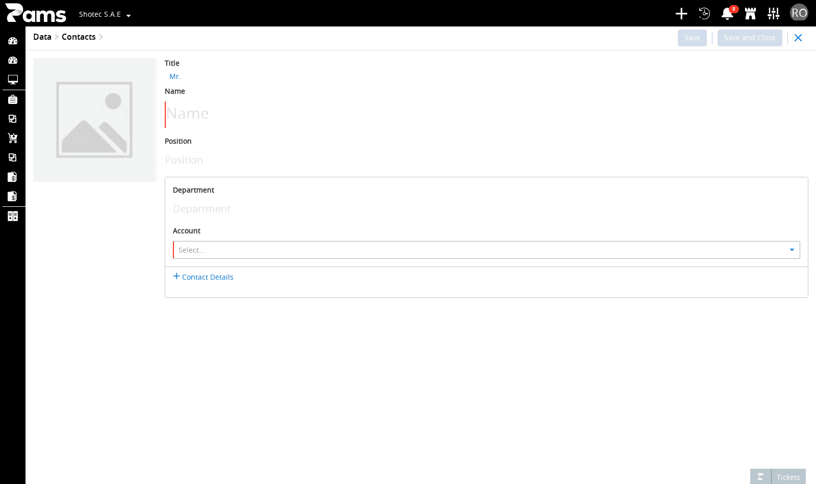 The Save and Save and Close actions on the contact form