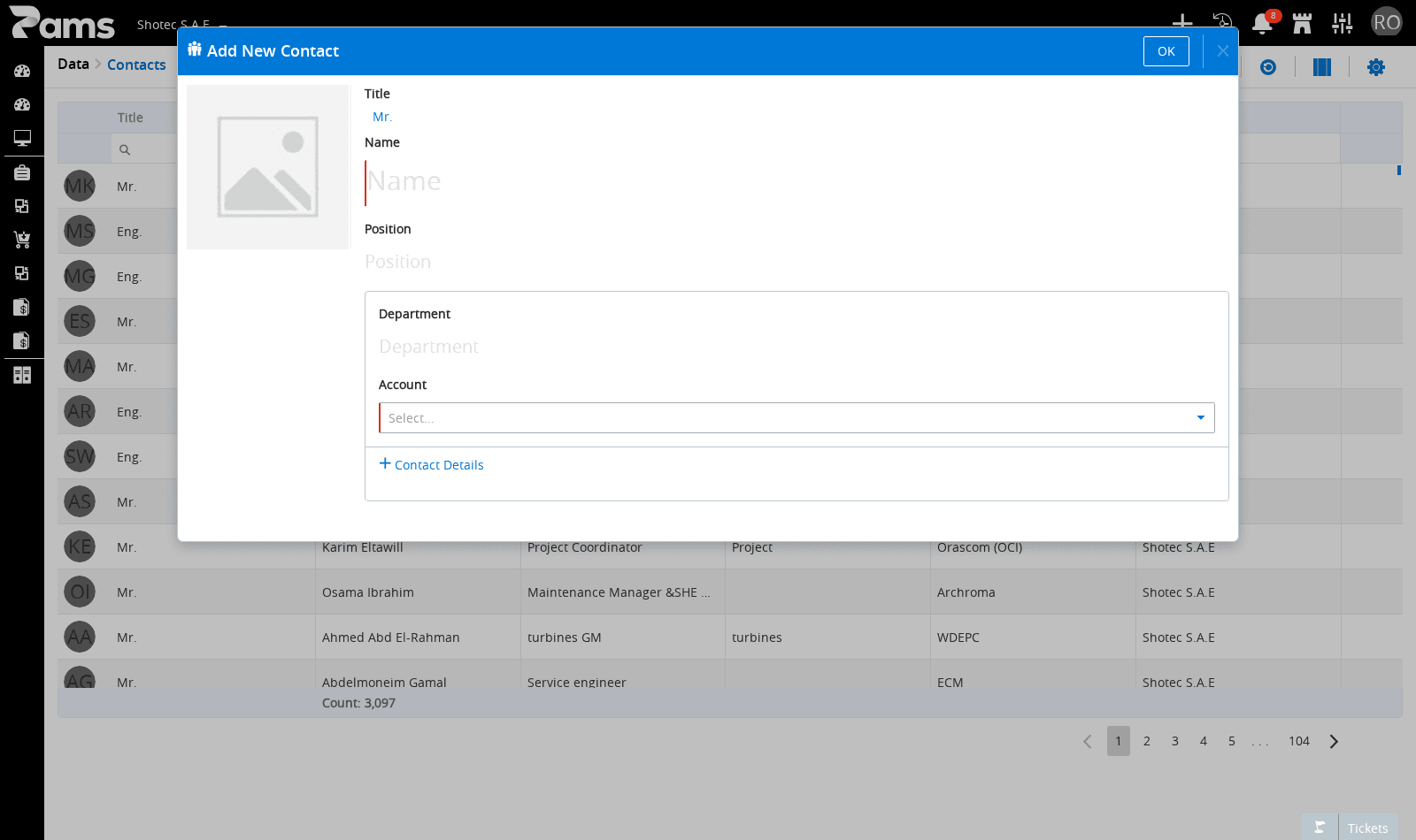 The Contacts list and the Add New Contact form opened from New