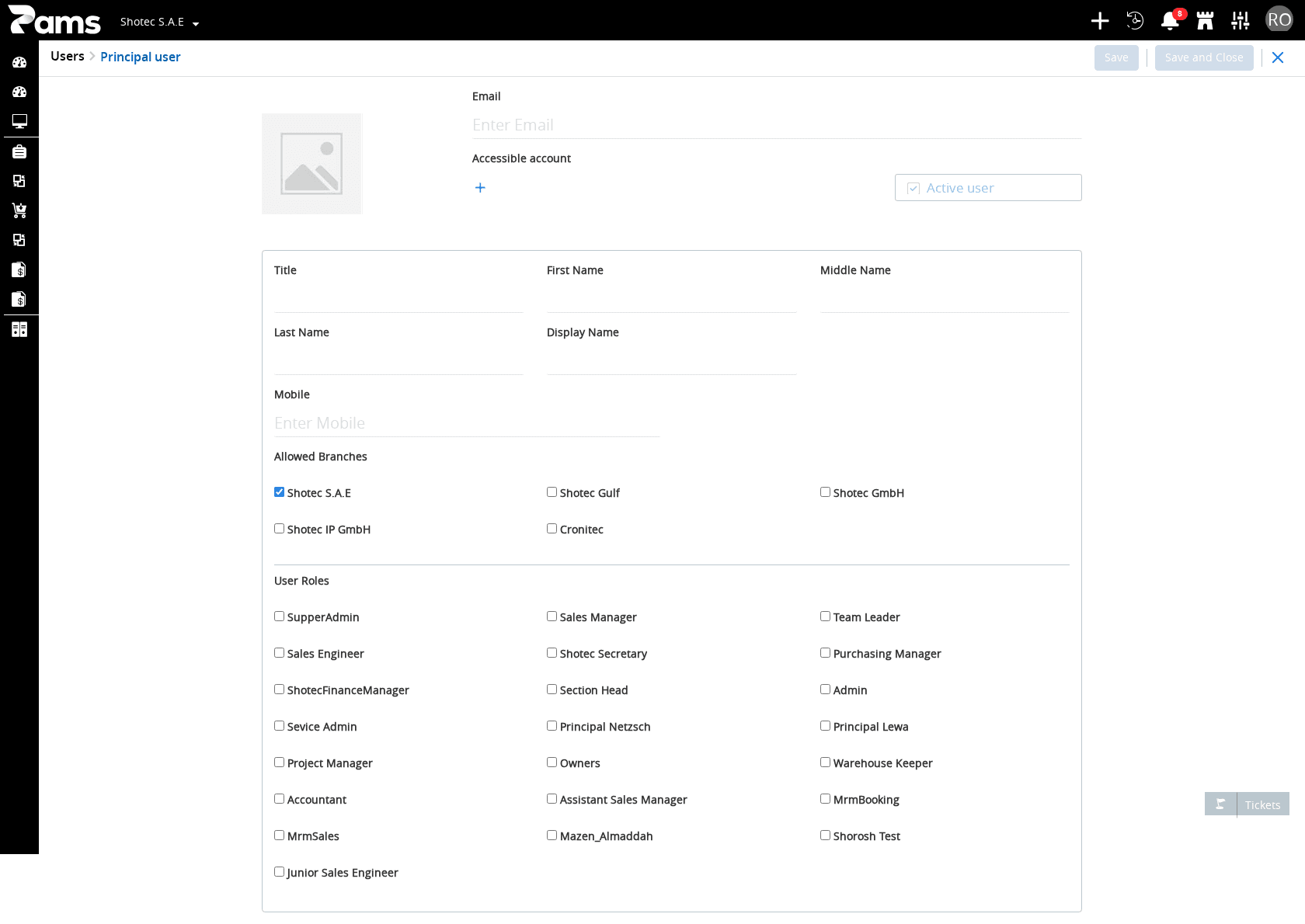 Check the route and the identity fields before entering a new principal user
