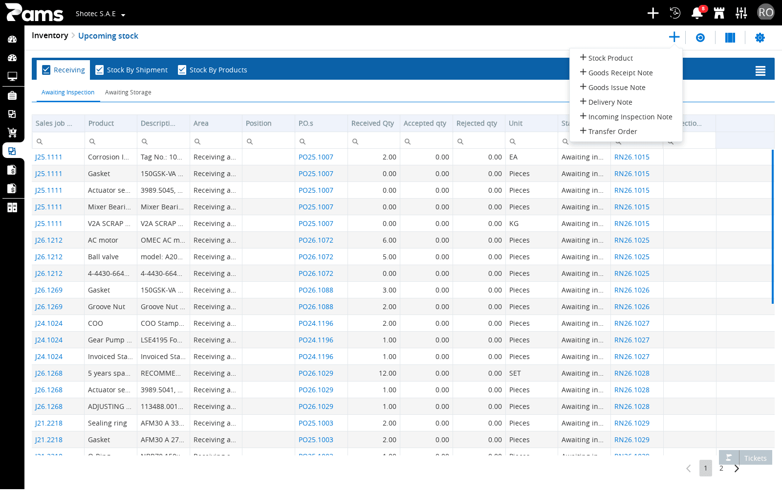 The stocking popup after selecting Stock product