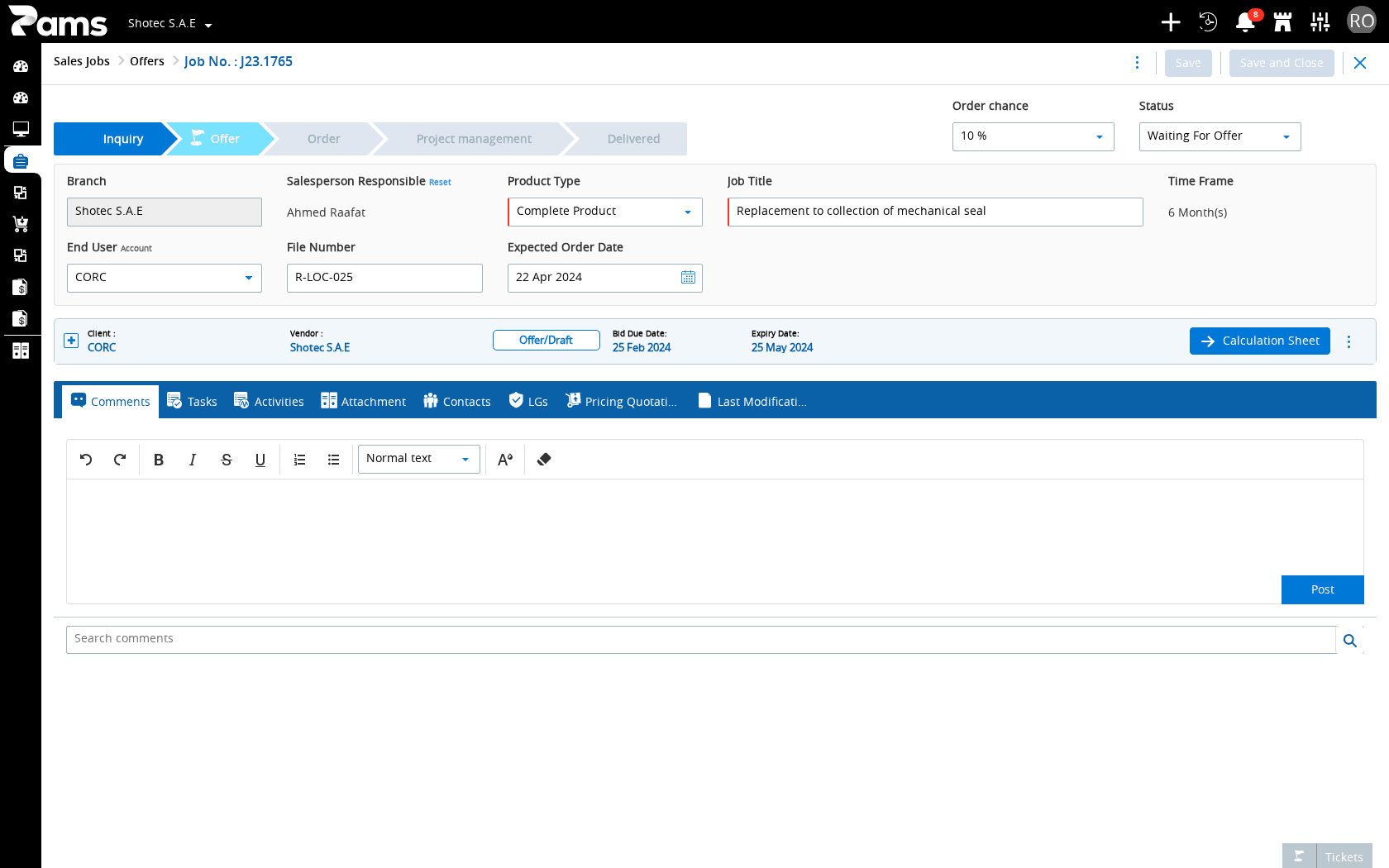 Saved sales-job workspace with the Comments and Tasks tabs
