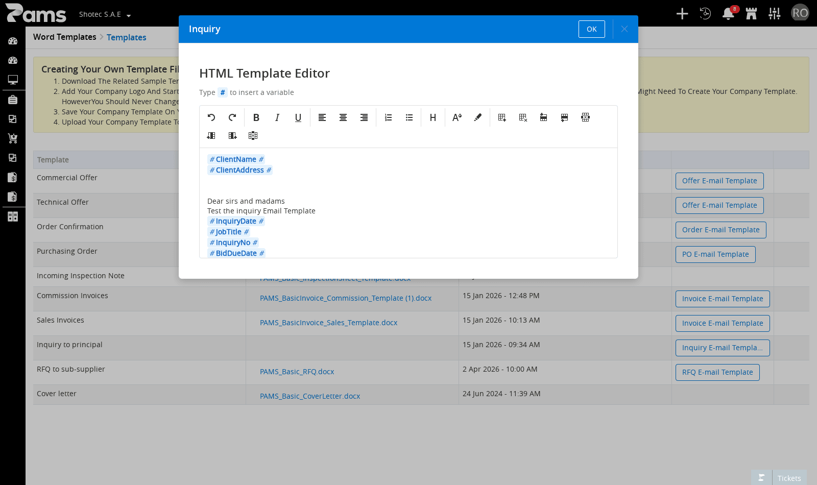 The HTML Template Editor with its variable instruction and editing toolbar
