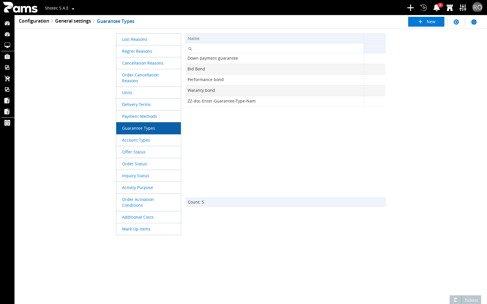 The Guarantee Types list with the Name column and its header actions