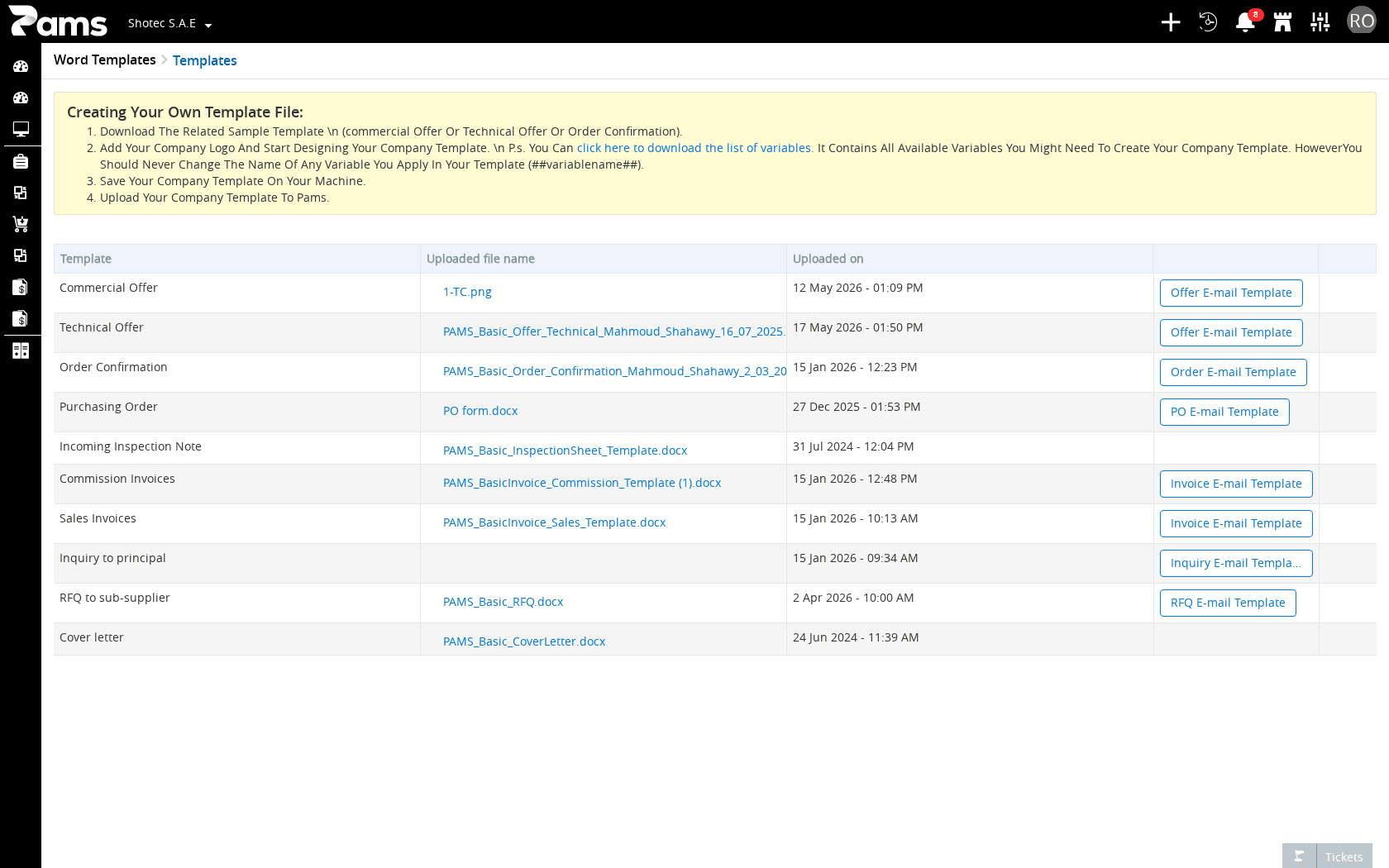 The Templates grid with its three headers and available document actions.