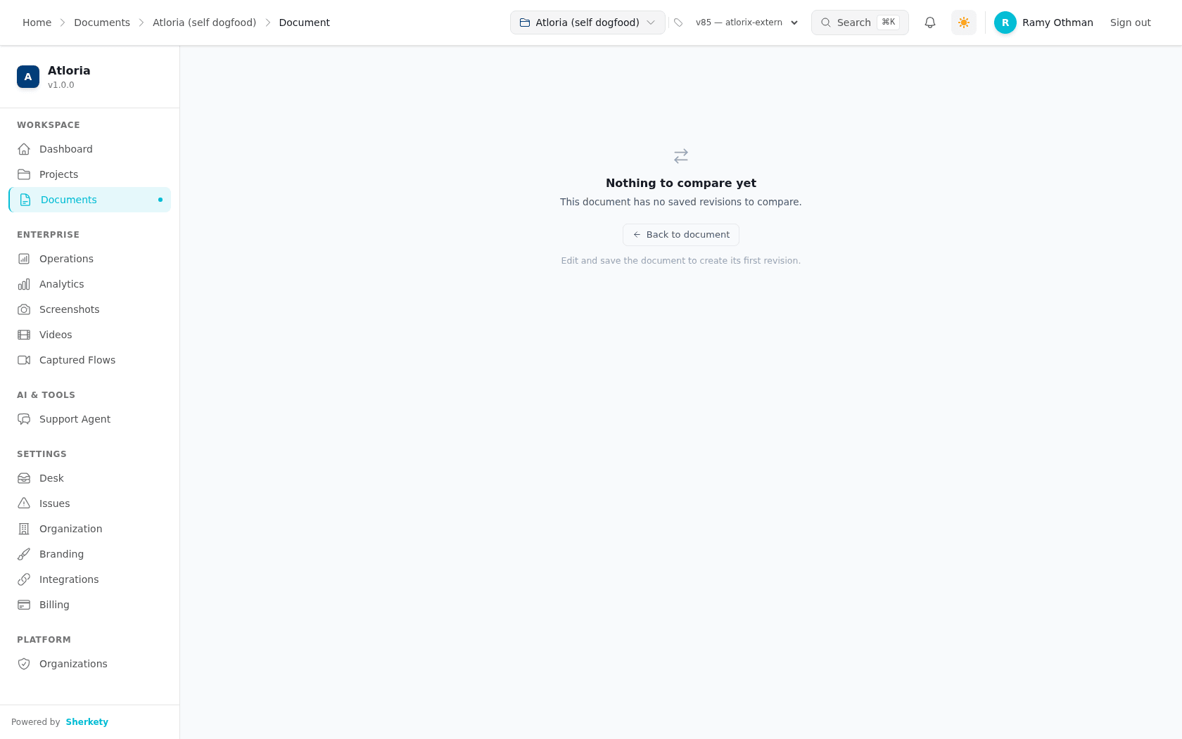 Inspect the empty comparison state and the Back to document action.