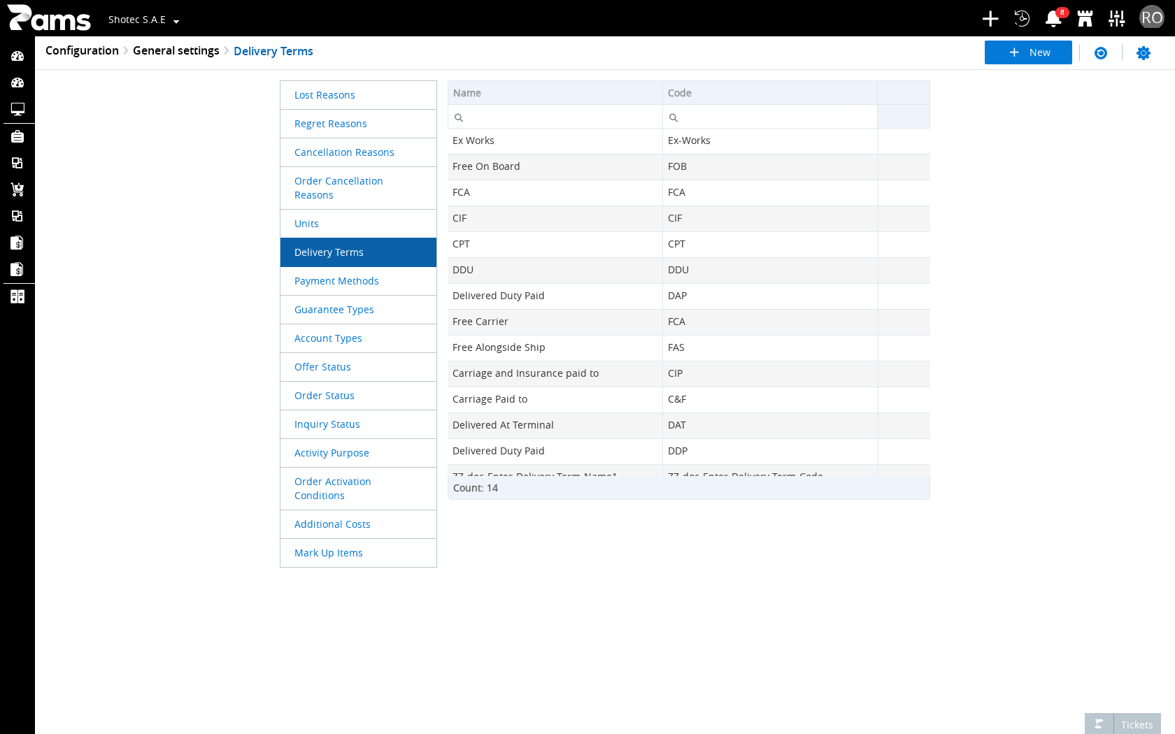 Check the Delivery Terms title, the Name and Code columns, and the list controls.