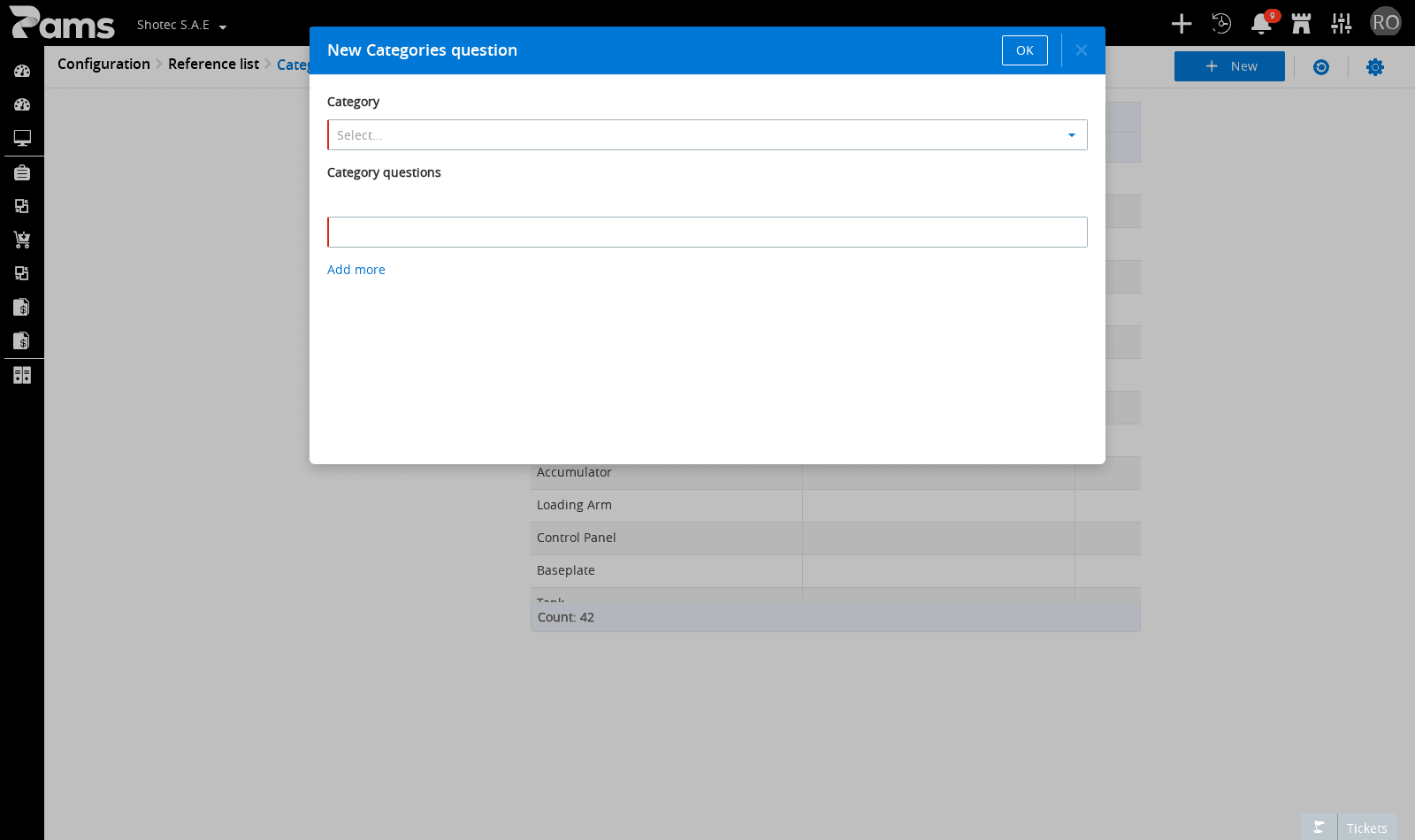 Review the required Category and Category questions controls and the Add more and OK controls in the dialog.