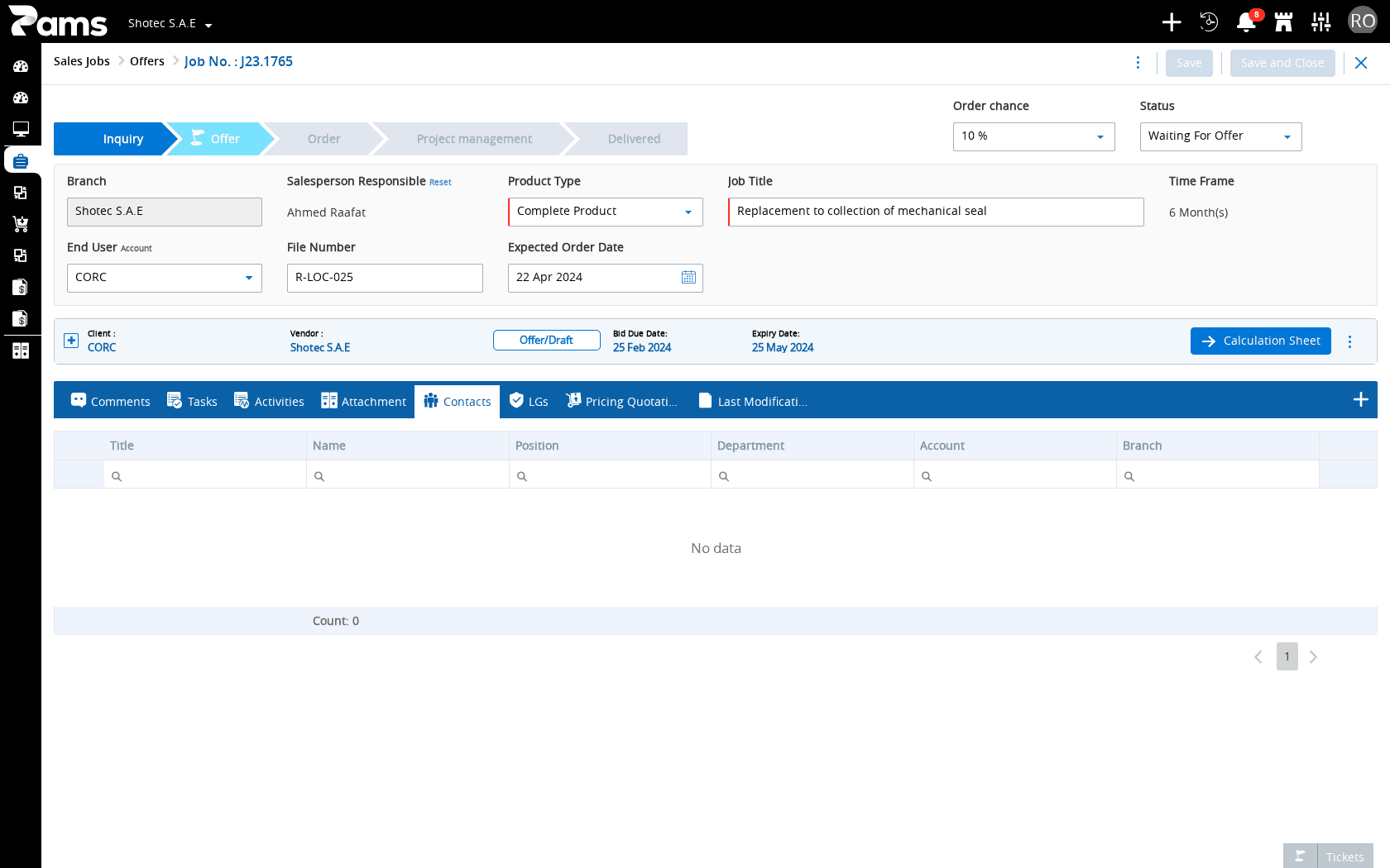 The saved sales job with its workflow stages, related-work labels, and Contacts headers