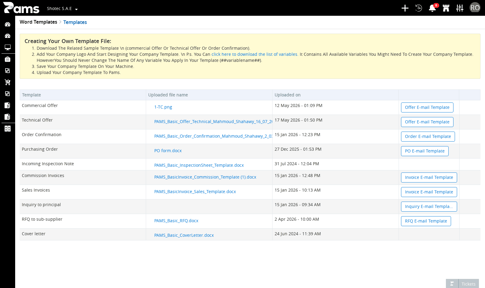The Templates list identified by its three column headers