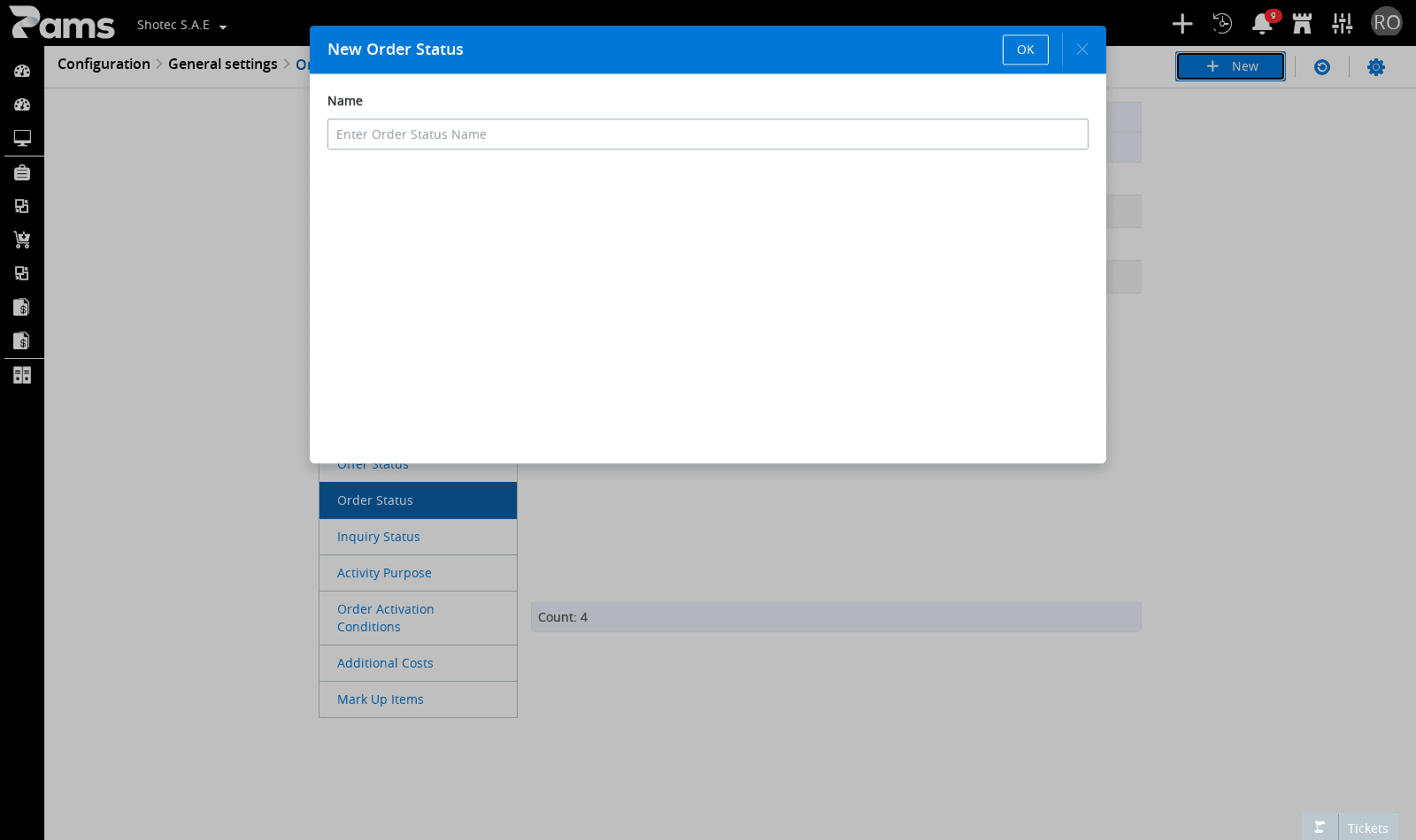 Review the New Order Status dialog and its Name field.