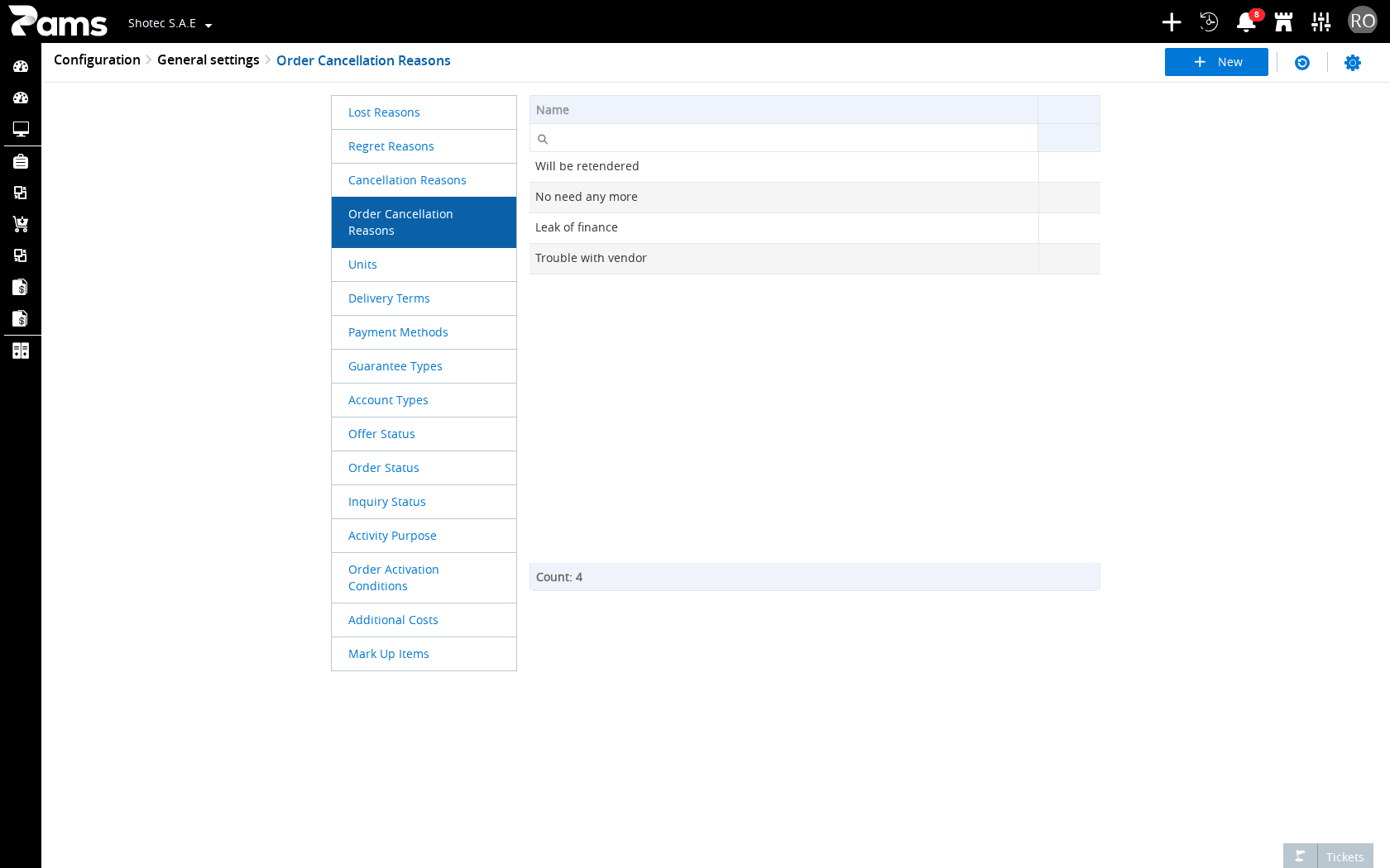 Check that the Order Cancellation Reasons list and its Name column are visible.