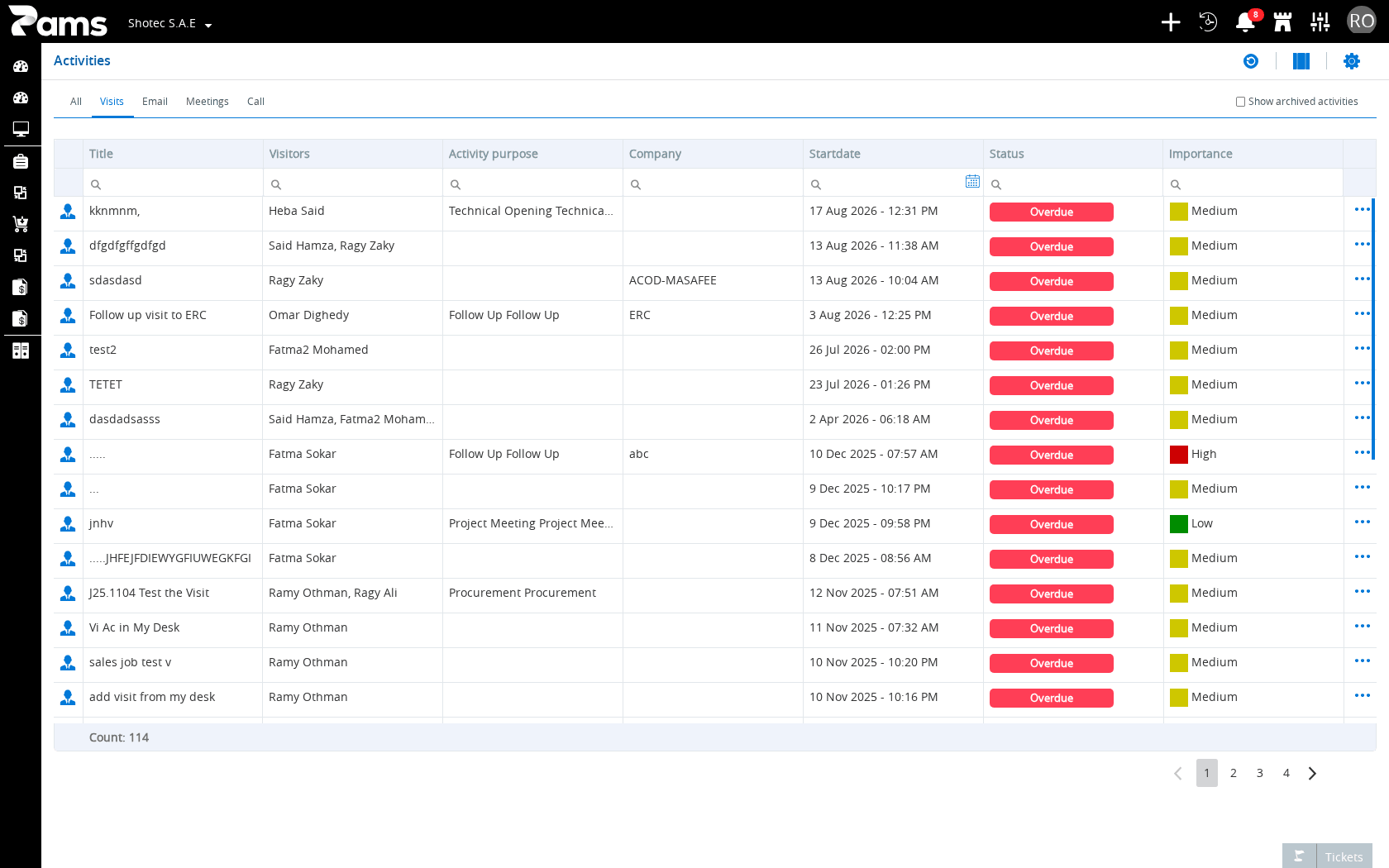 Read the activity list headers and status column.