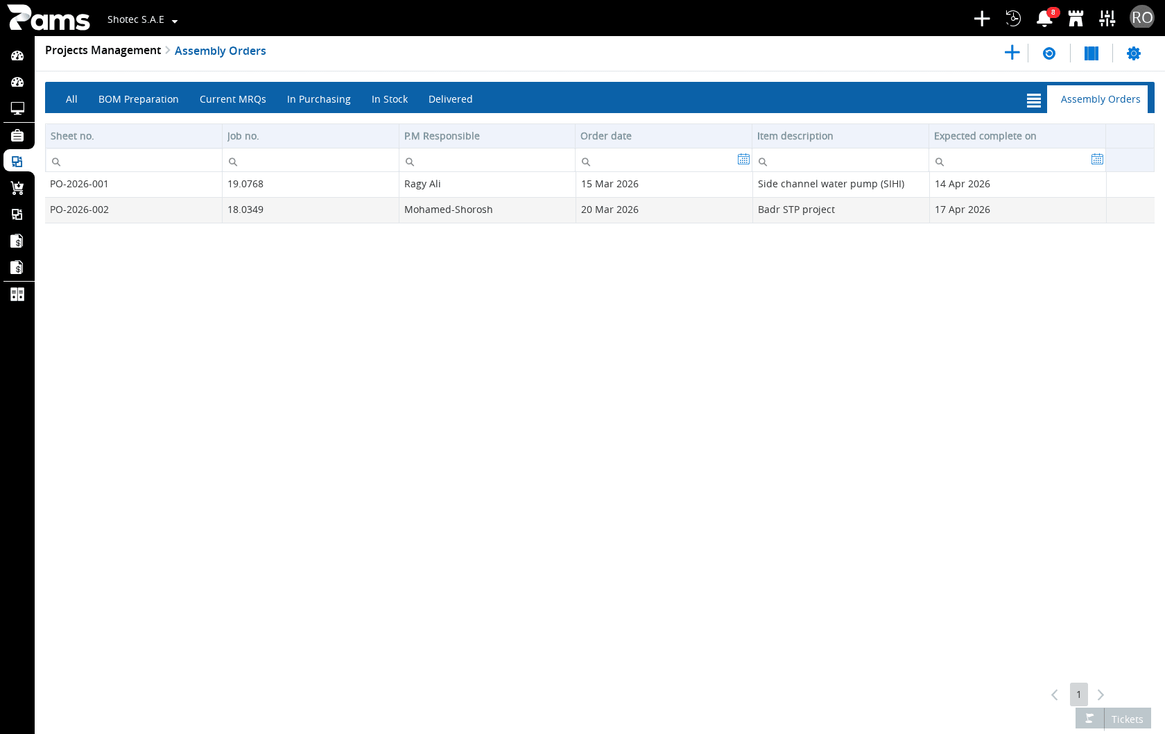 Assembly Orders list with its six column headers