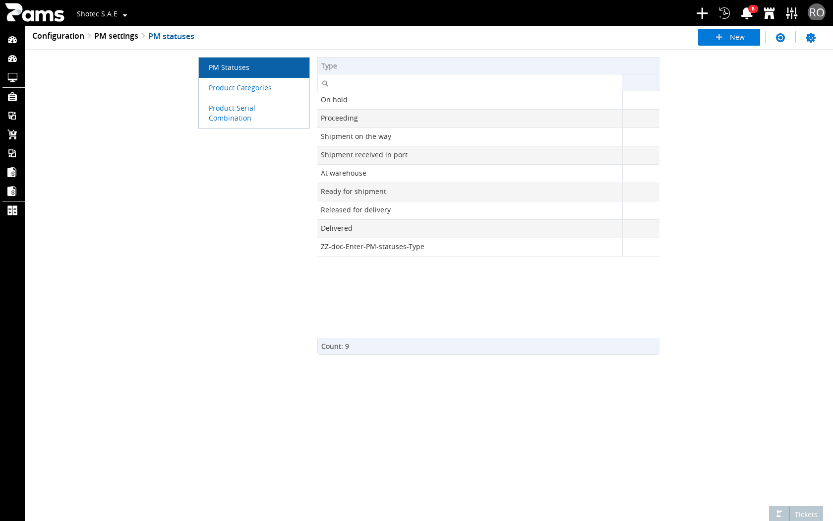 Locate the PM statuses heading, toolbar, and sibling configuration entries.