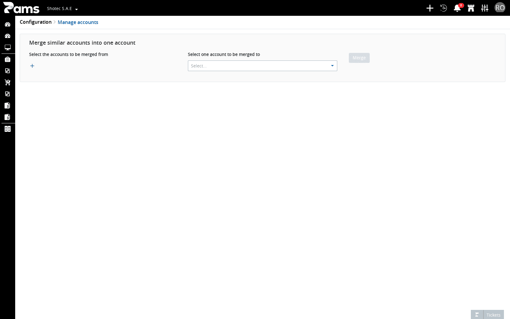 Confirm the Manage accounts heading, the two account-selection controls, and the Merge action.