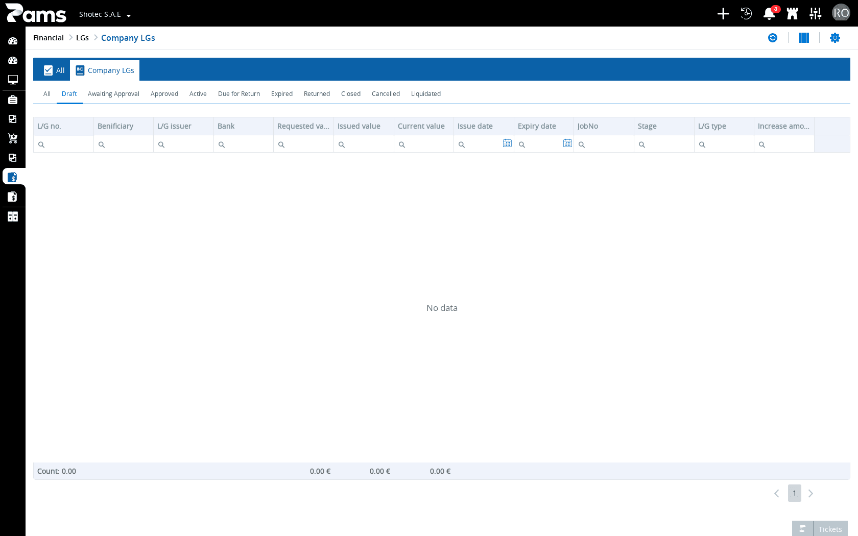 The finance list with its scope tabs, stage filters, and list tools