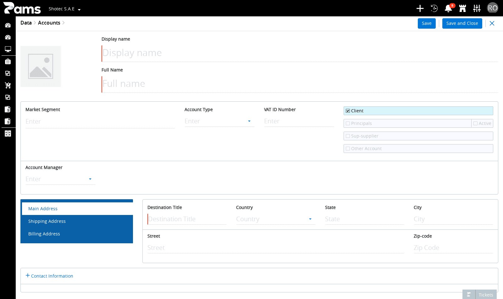 Locate the account-type controls and the main account fields.