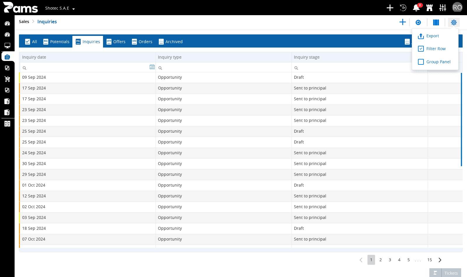 Select Settings to see Export, Filter Row, and Group Panel.