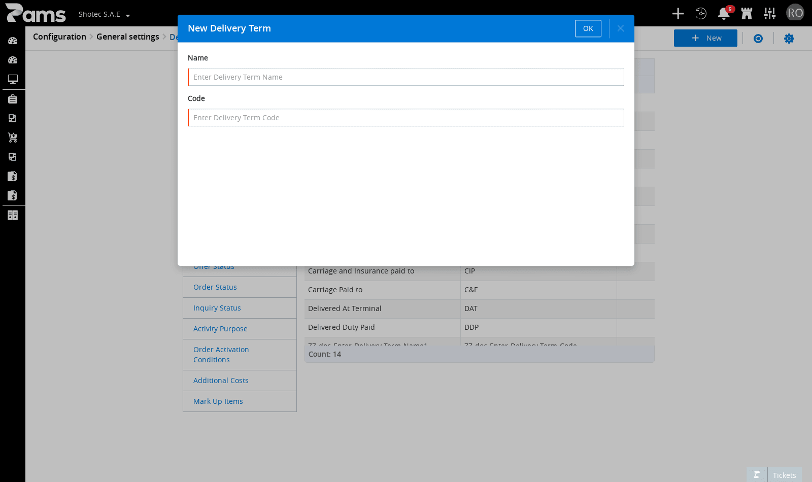 Check the New Delivery Term dialog, its required Name and Code fields, and OK.