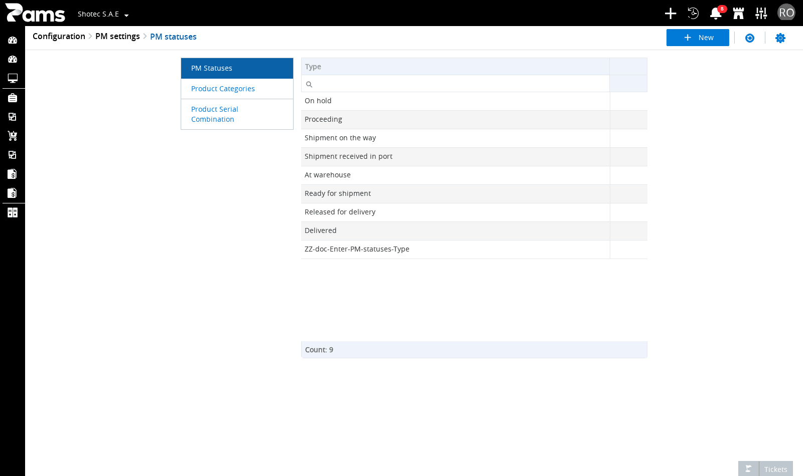 Read the Type column and the nine visible status rows.
