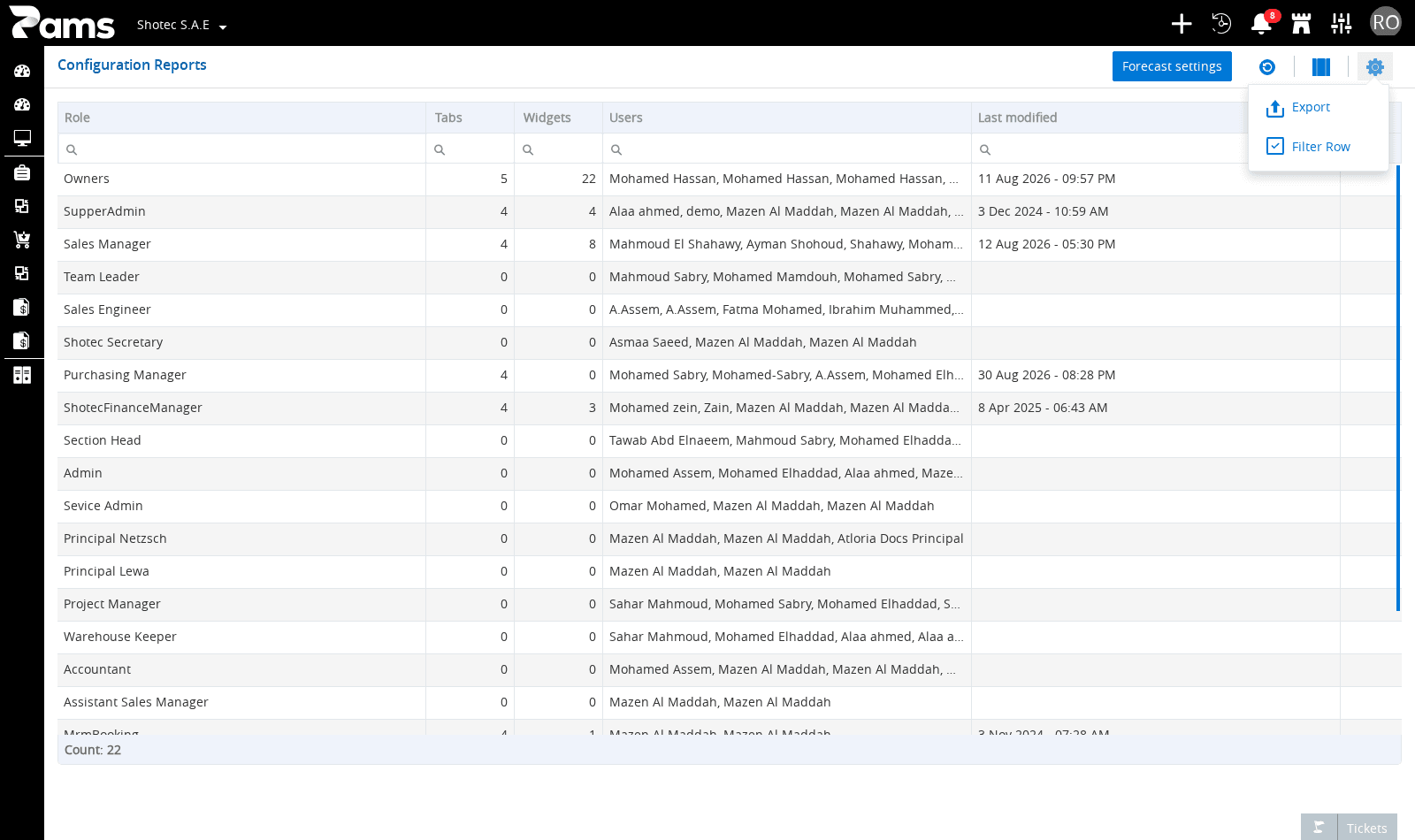 Review the list-level settings action before opening a report-setting record.
