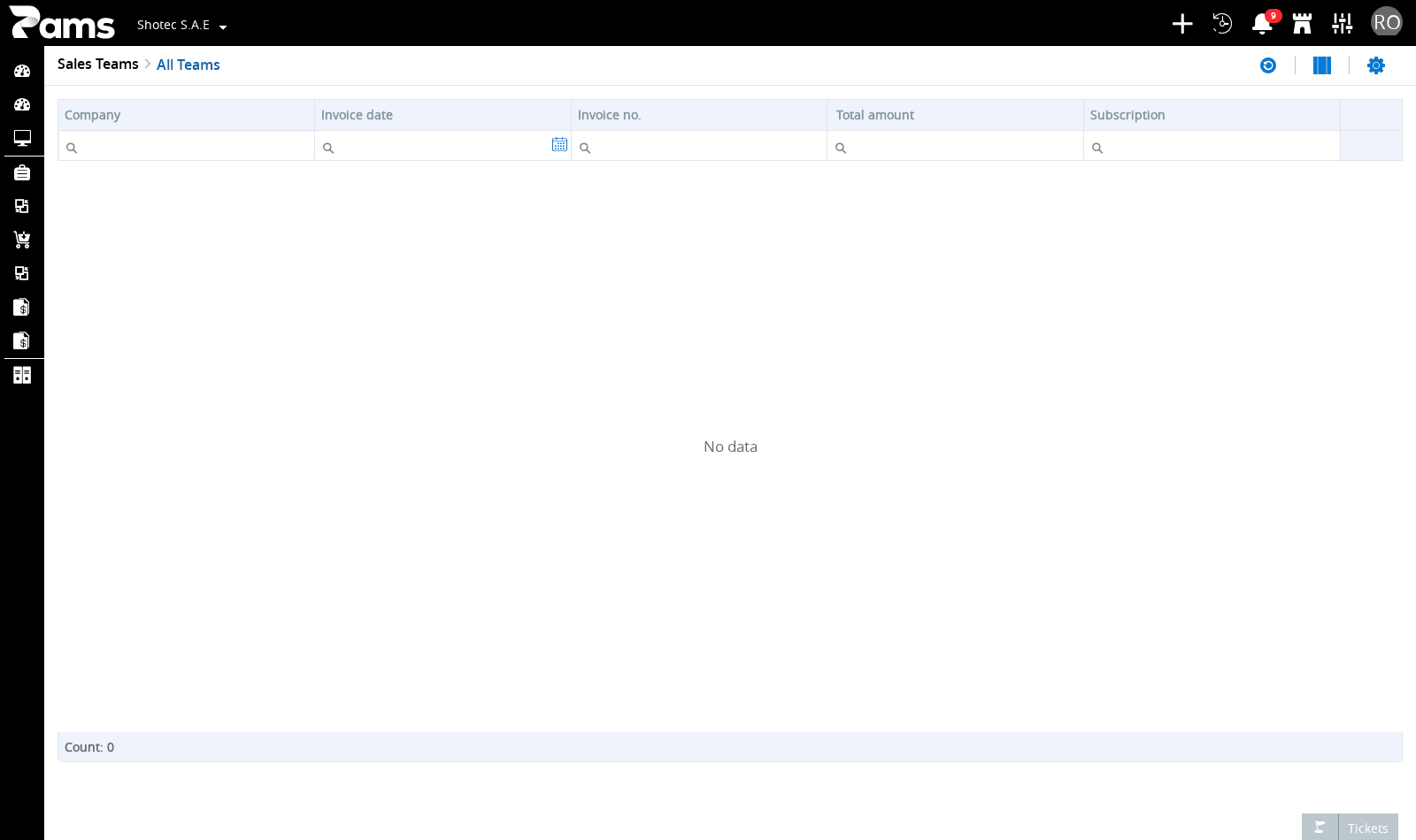 Check the empty subscription-invoice list state before selecting a record.