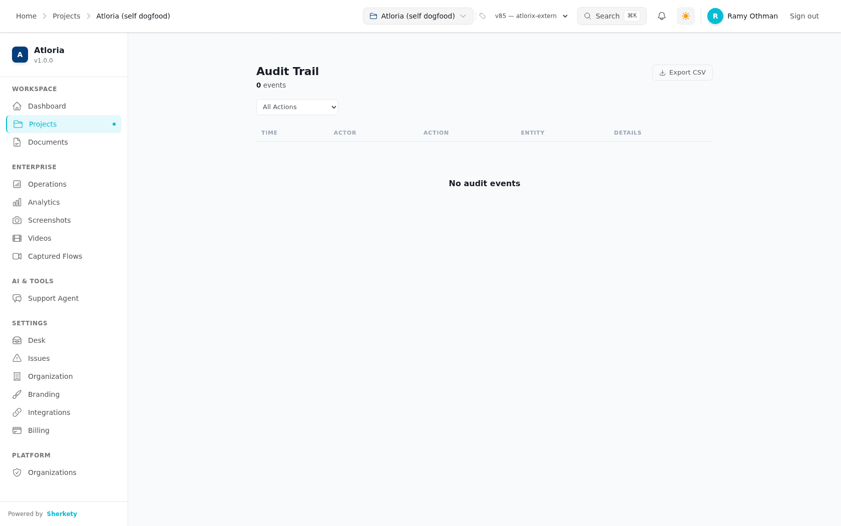 Audit Trail with the event count, action filter, empty state, and five audit columns