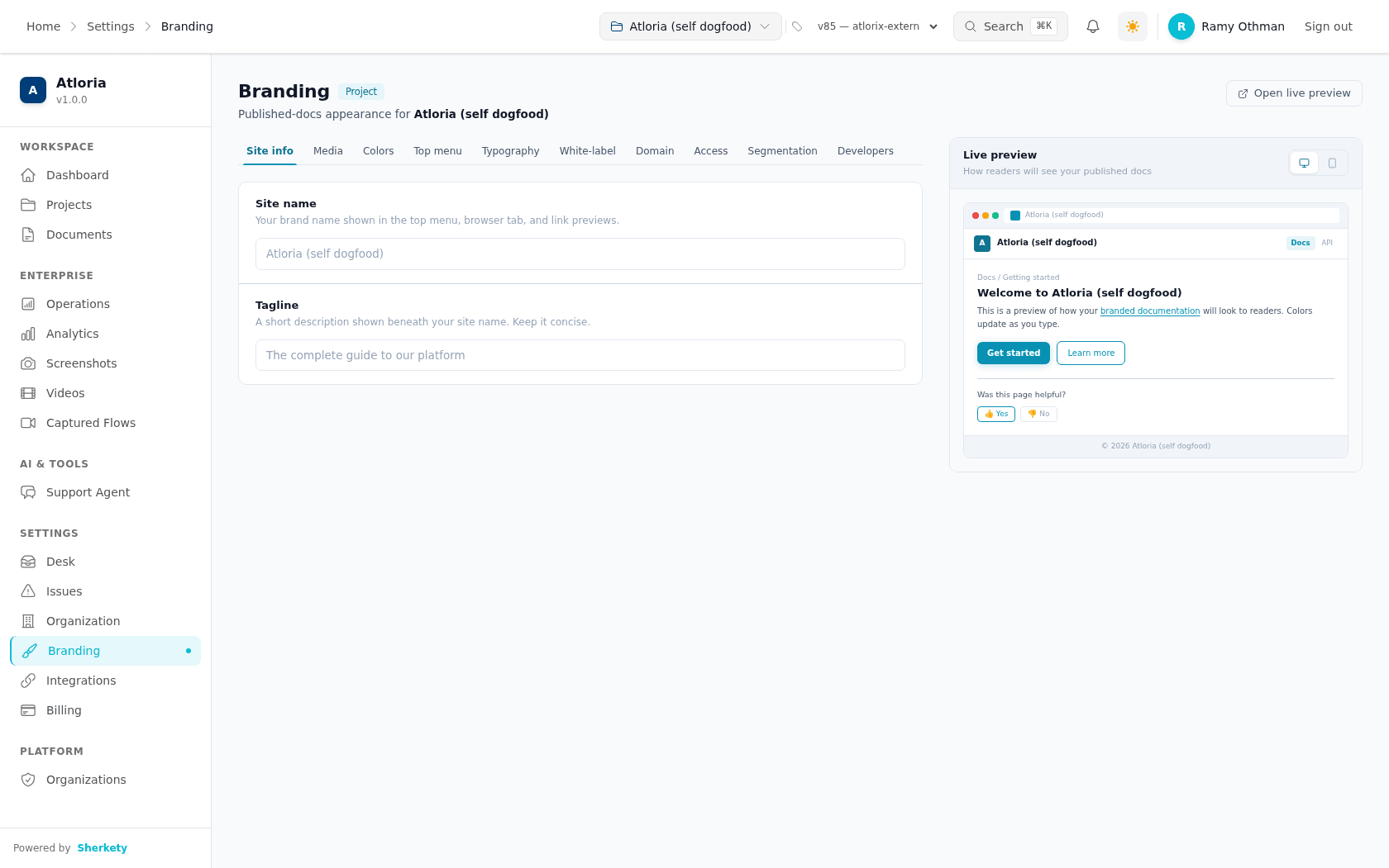 Branding with Site name, Tagline, settings tabs, and the live preview