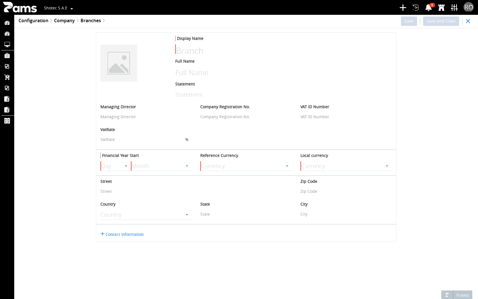 Identify the new branch form and save actions.
