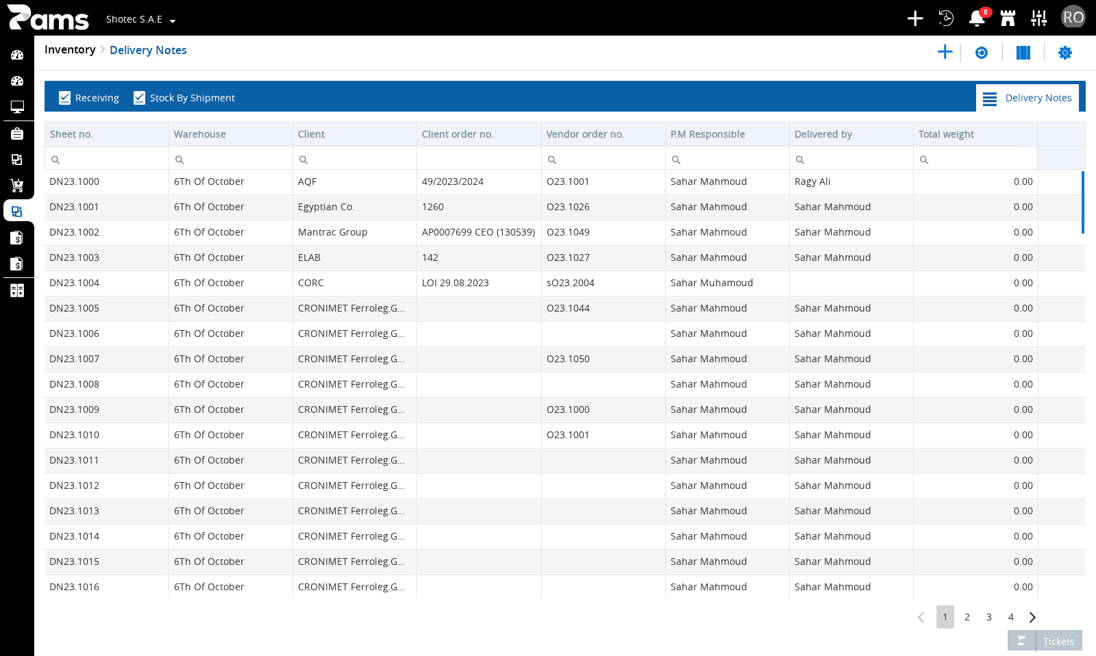 Read the eight list headers before selecting a delivery note.