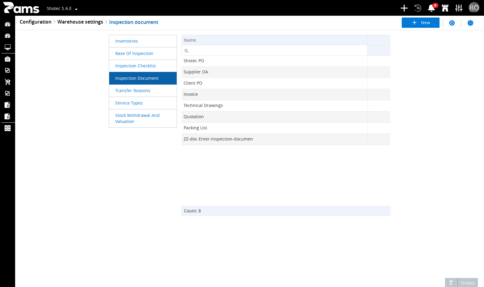 Locate an inspection document name in the list and use the New, Refresh, or Settings controls.