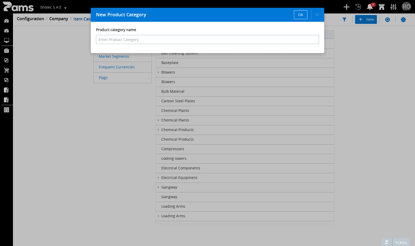 Category dialog with the category name field and save controls