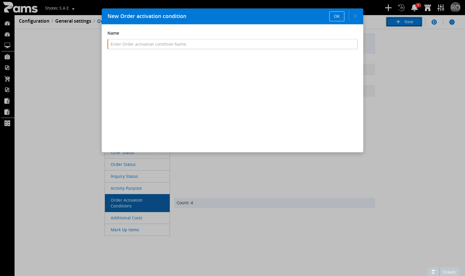 Enter the required Name value in the new-item popup and review the OK control.