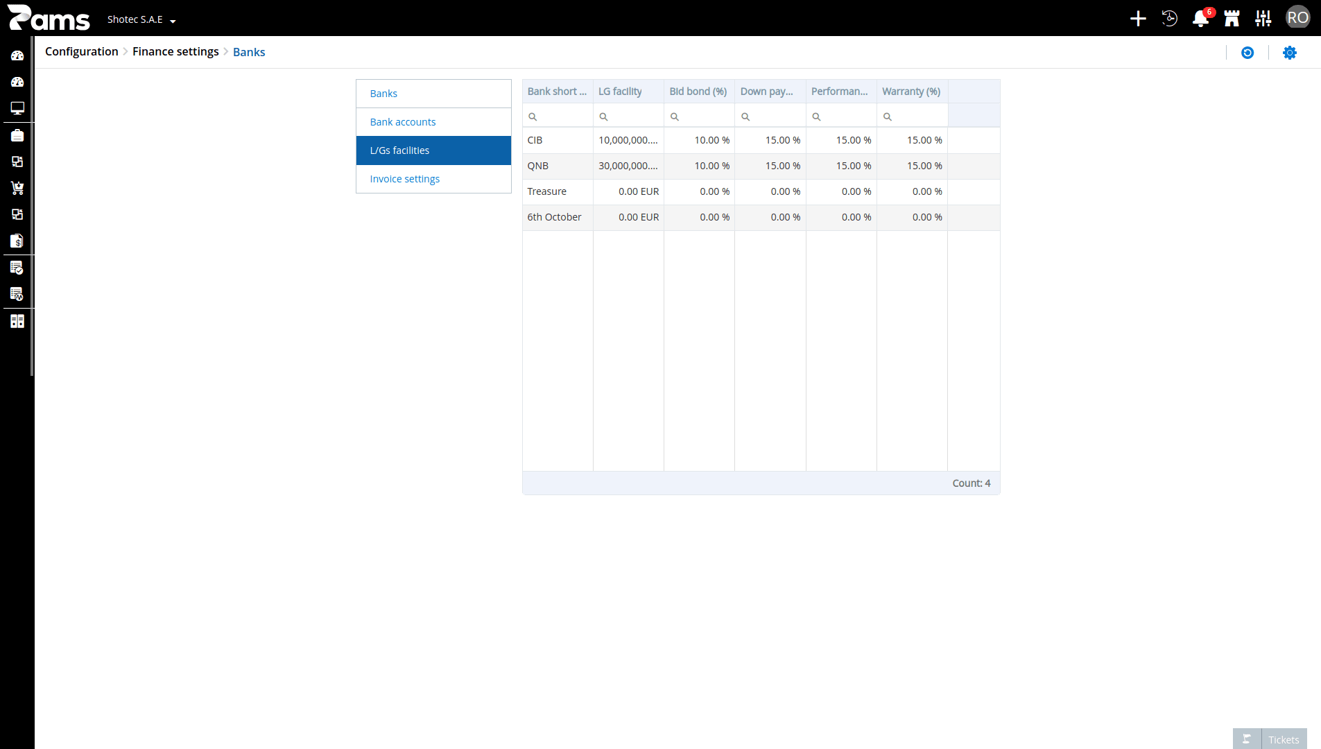 Finance settings