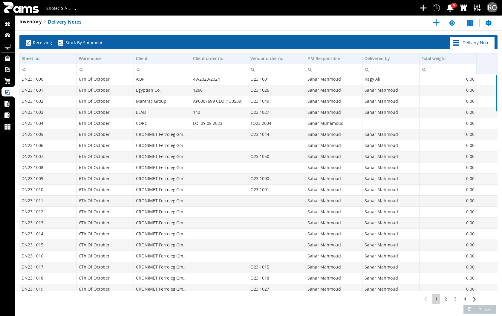 Use the visible list headers to identify the delivery note you need.