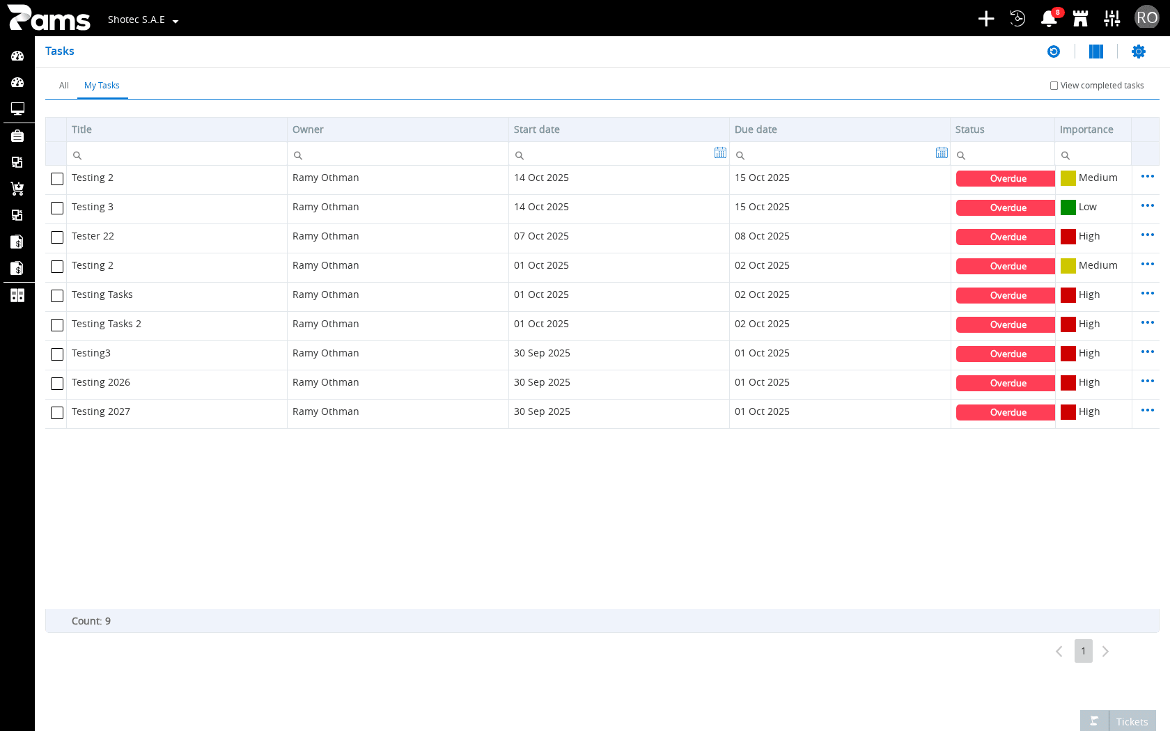 The Tasks list headers, rows, and list controls