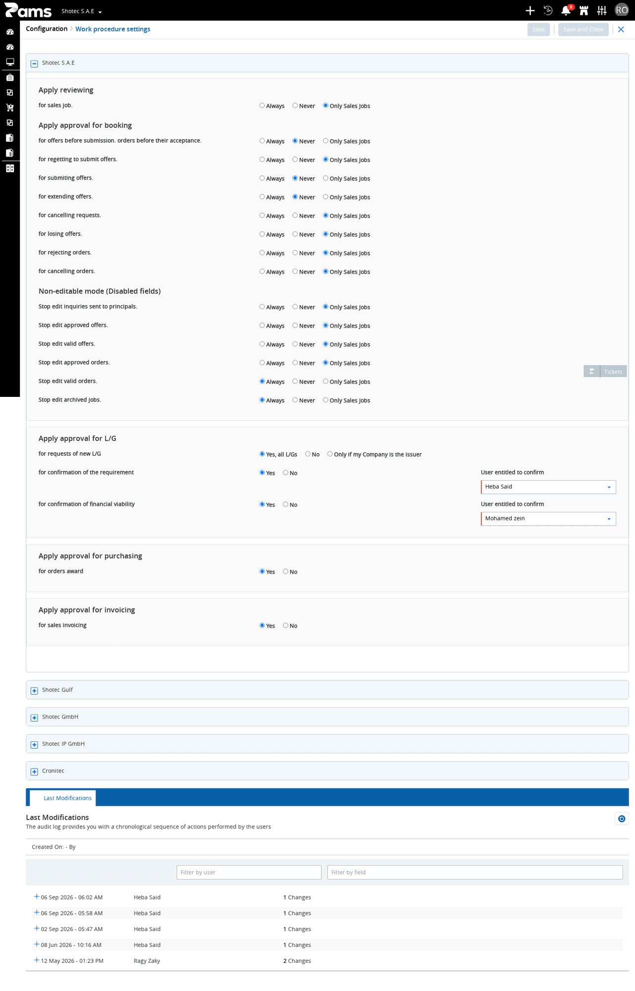 The Work procedure settings screen with its branch panels and page controls visible