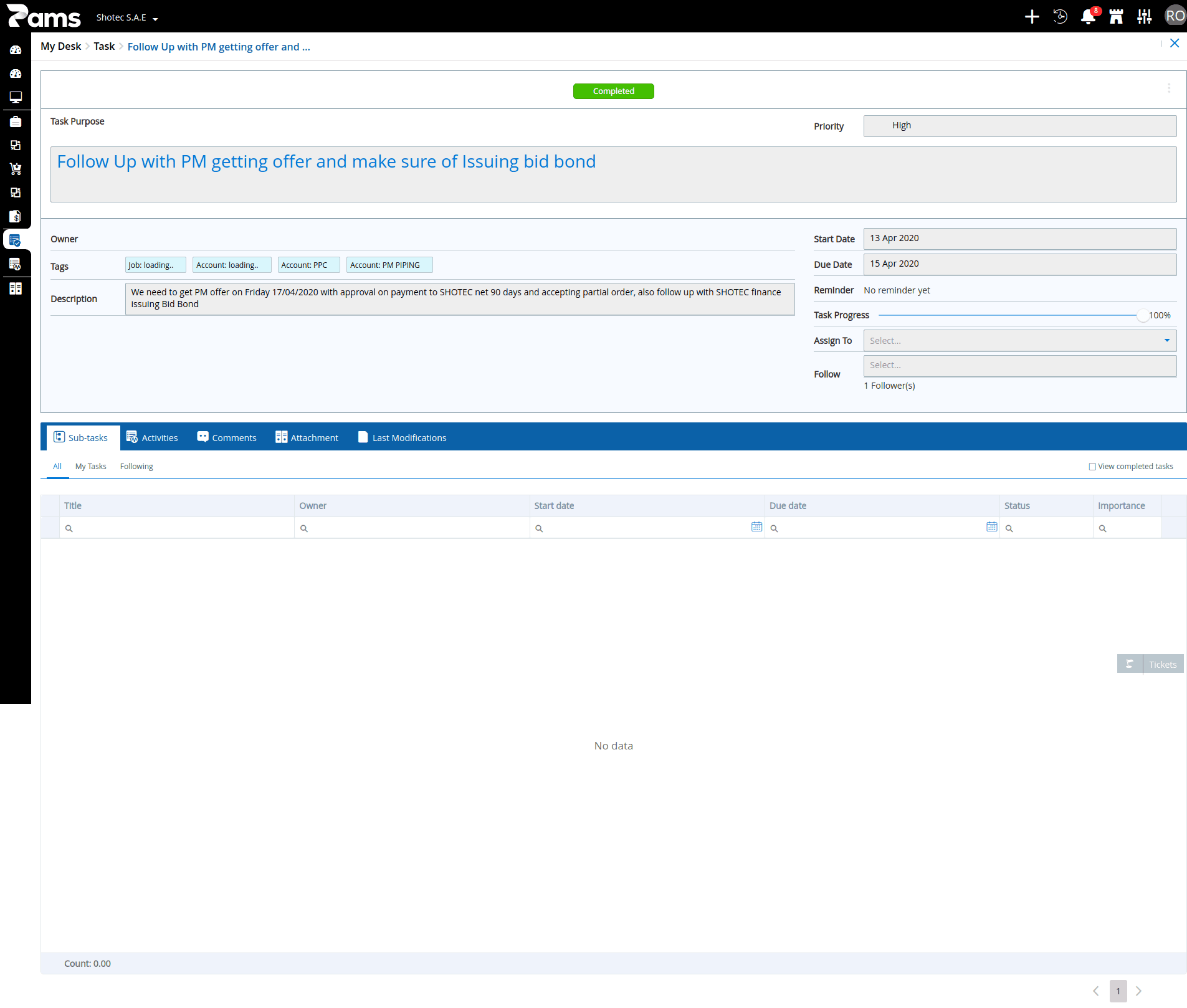 Tasks record