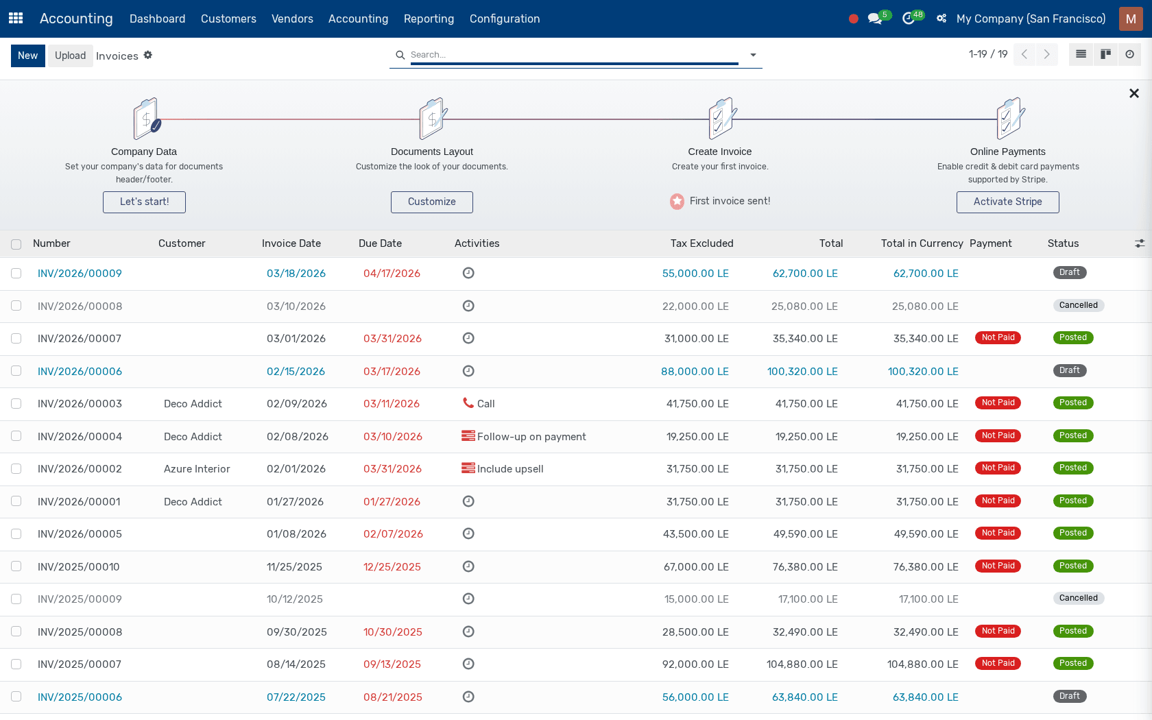 The invoice list after selecting Accounting, Customers, and Invoices.