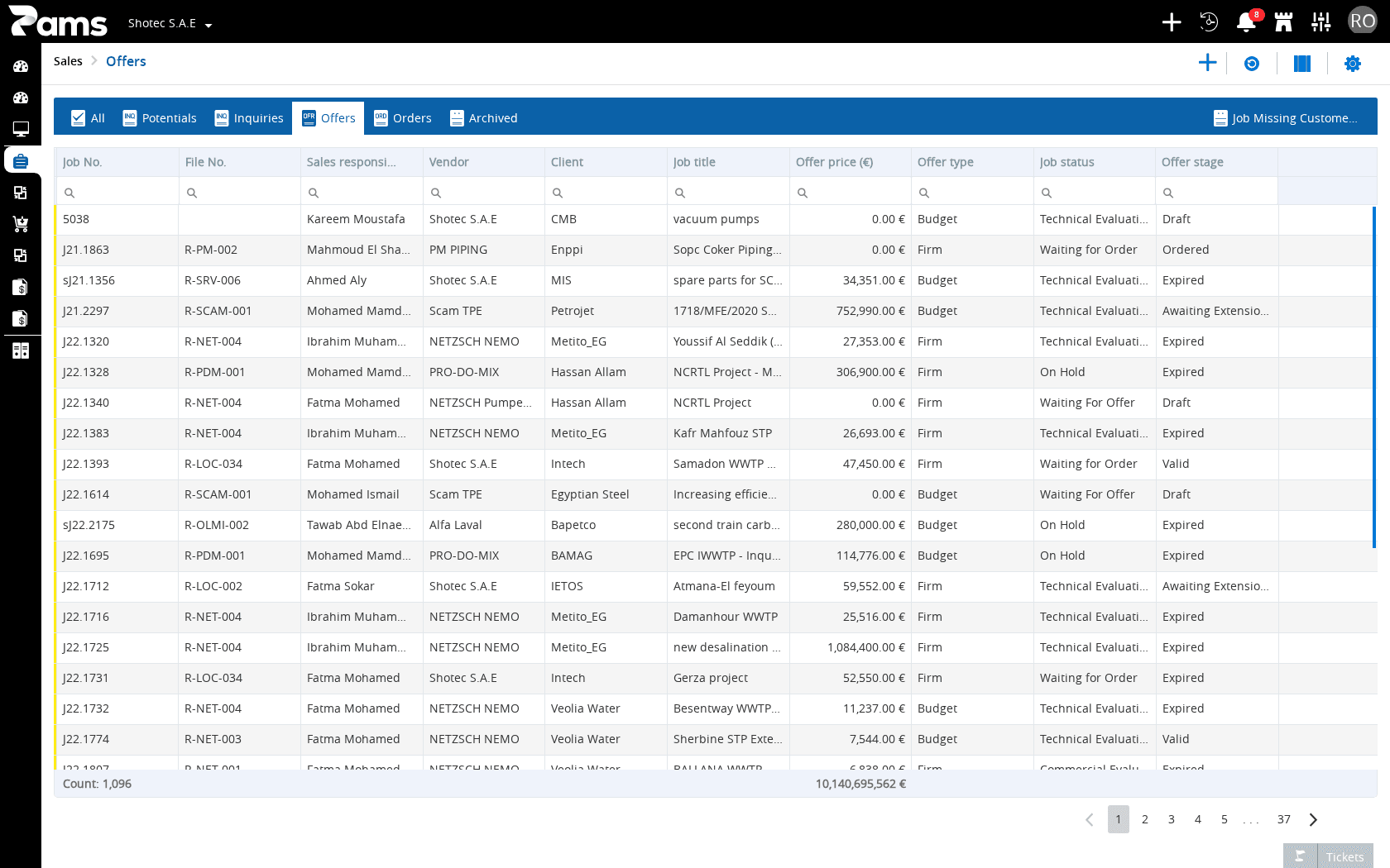The Offers list with its stage tabs and Offer columns