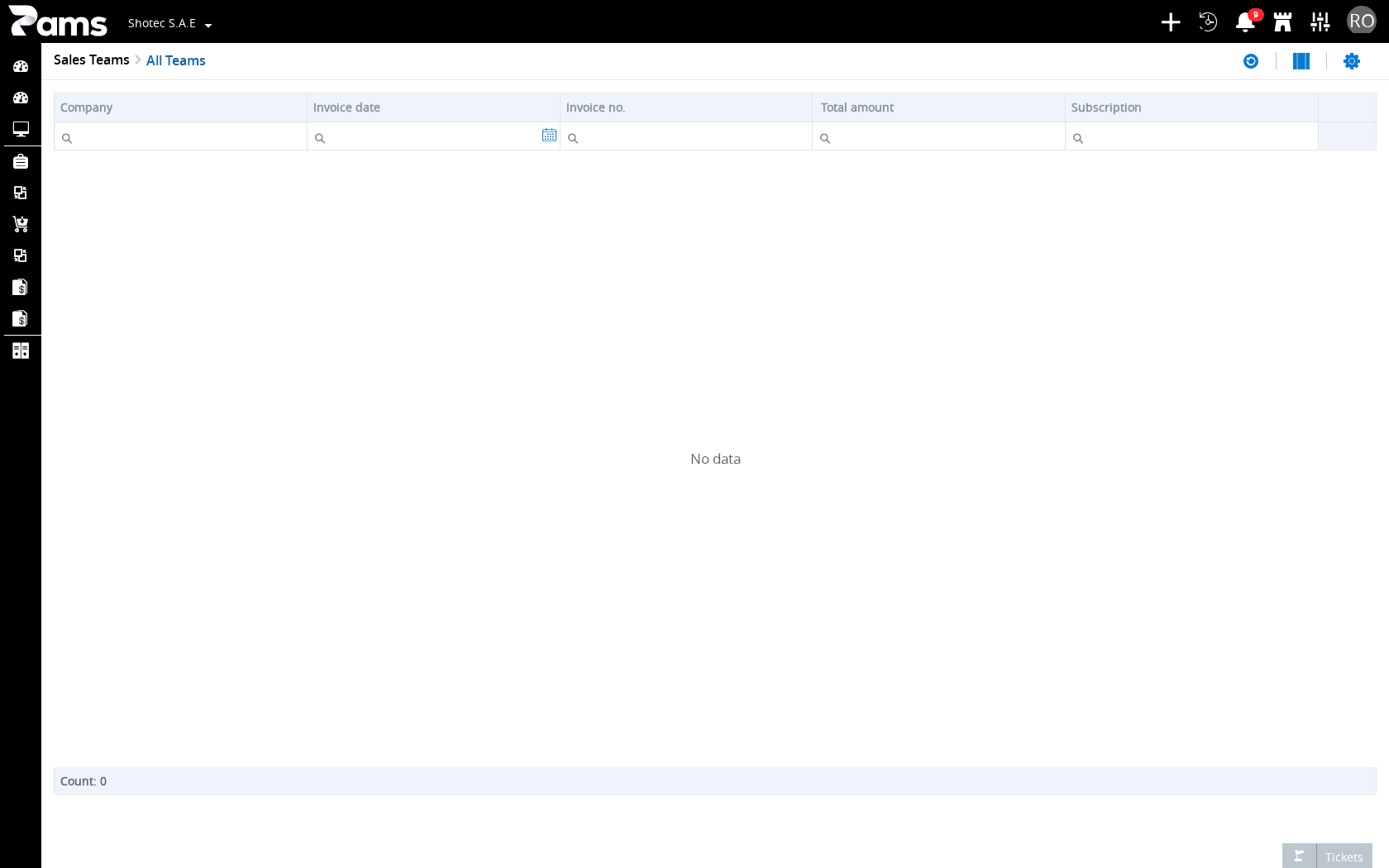 Check the subscription-invoice list headers and list actions.