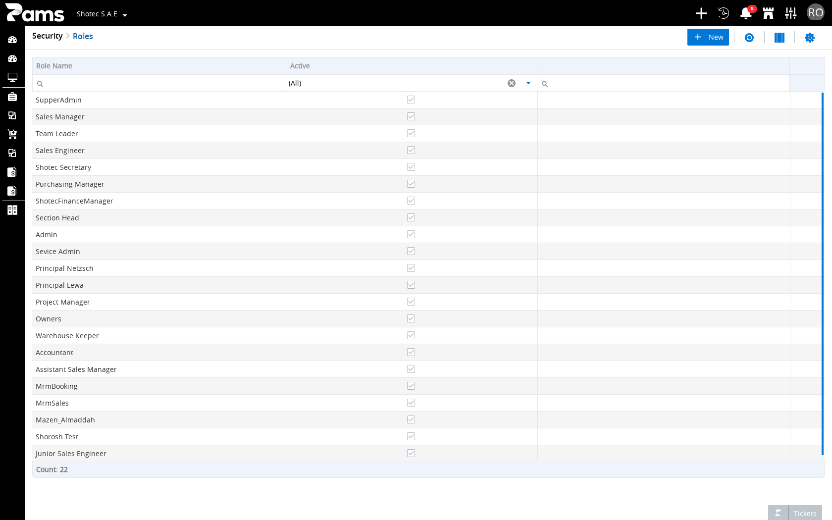 The Roles list with its role rows and list controls
