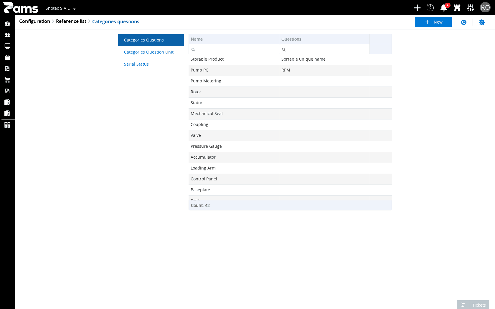Identify the Name and Questions columns and the New, Refresh, and Settings controls on the reference-category list.