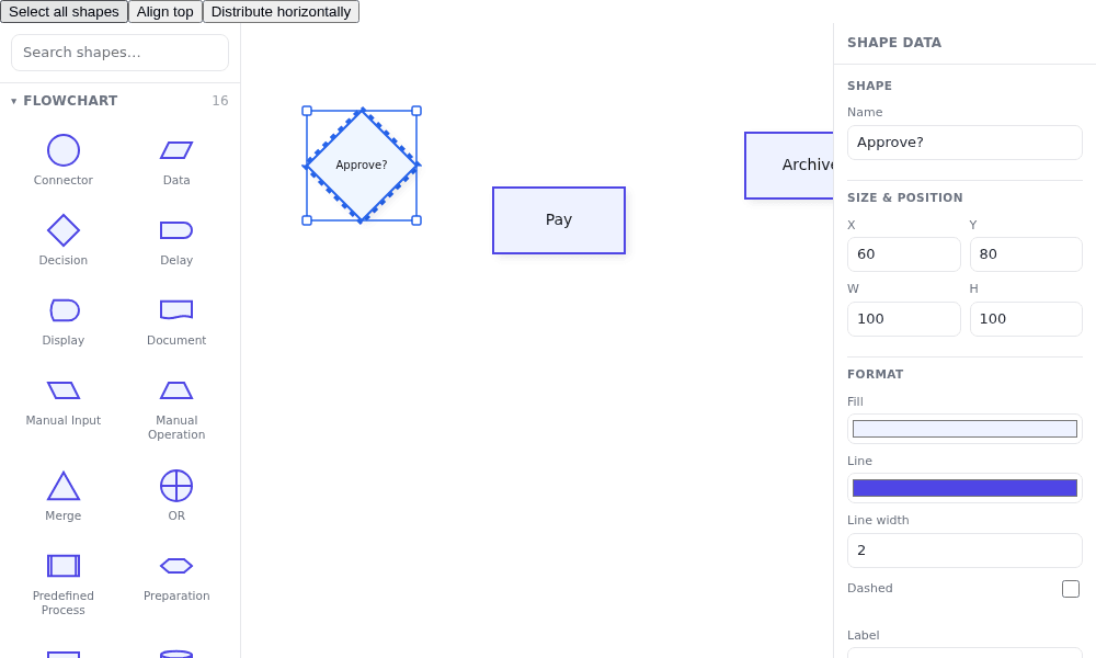 Angular: the selected Approve? decision with Name, Size & Position, and Format controls on the right.