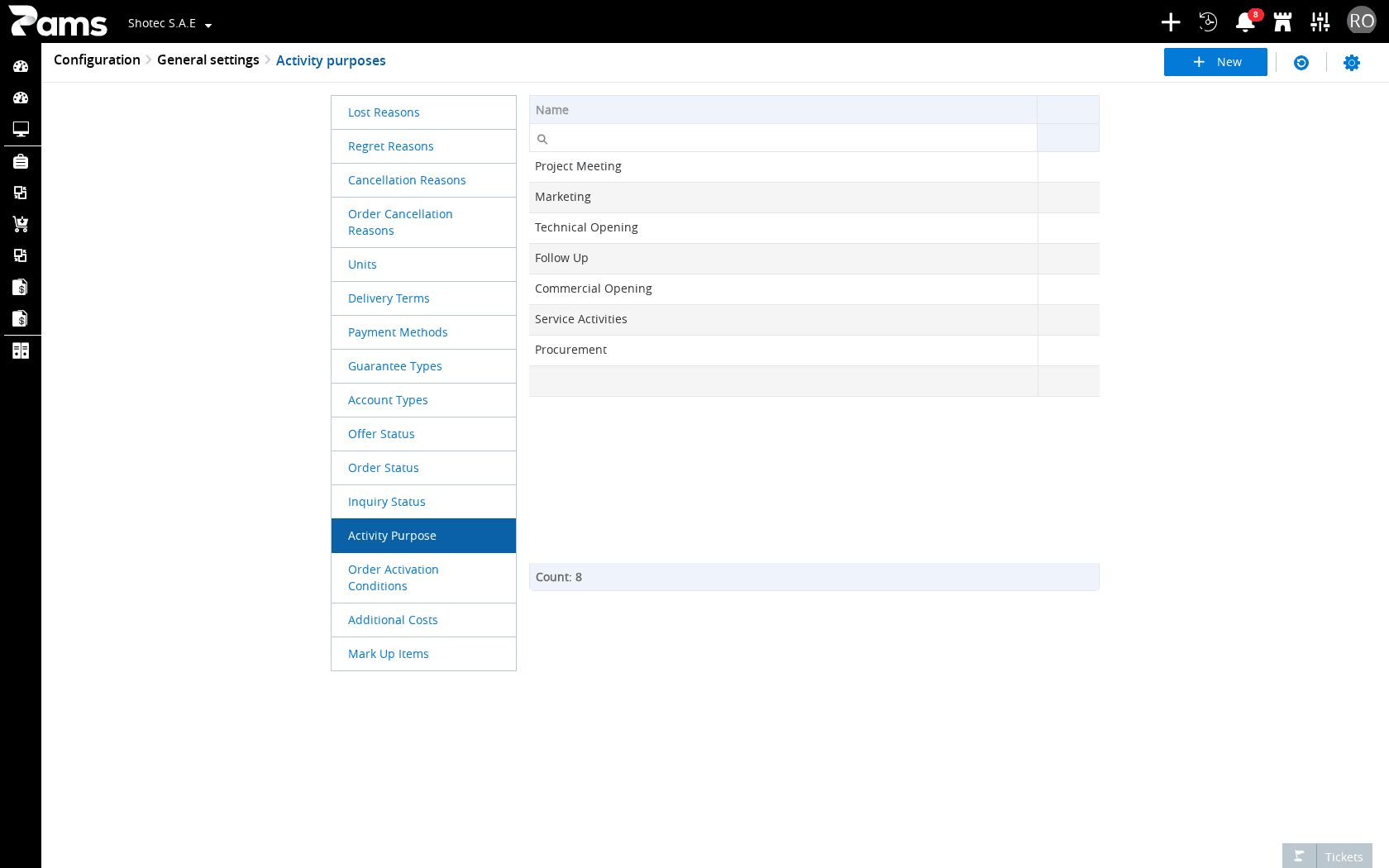 Identify the Activity purposes page in Configuration.
