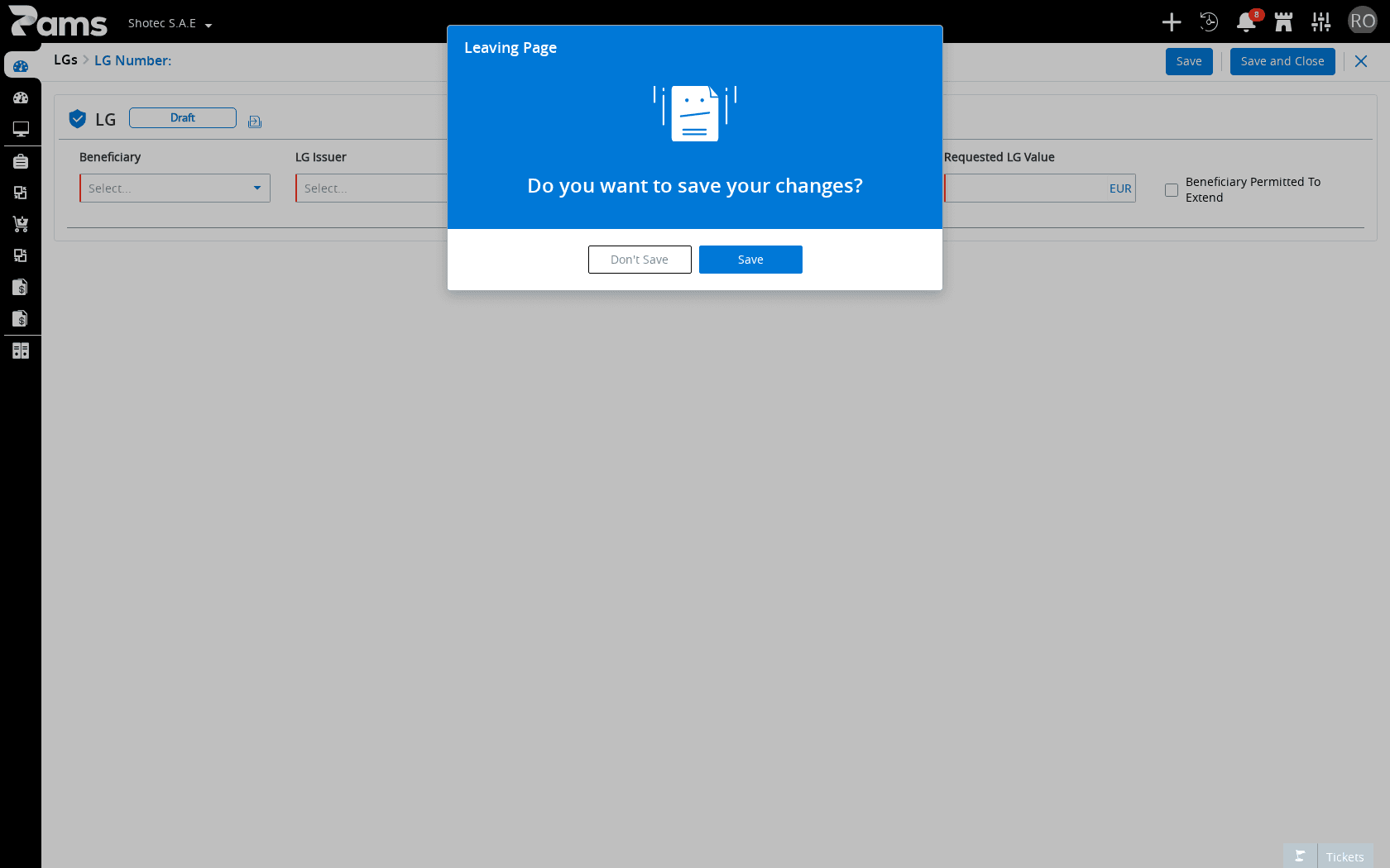 The finance create form with its basic fields and save actions