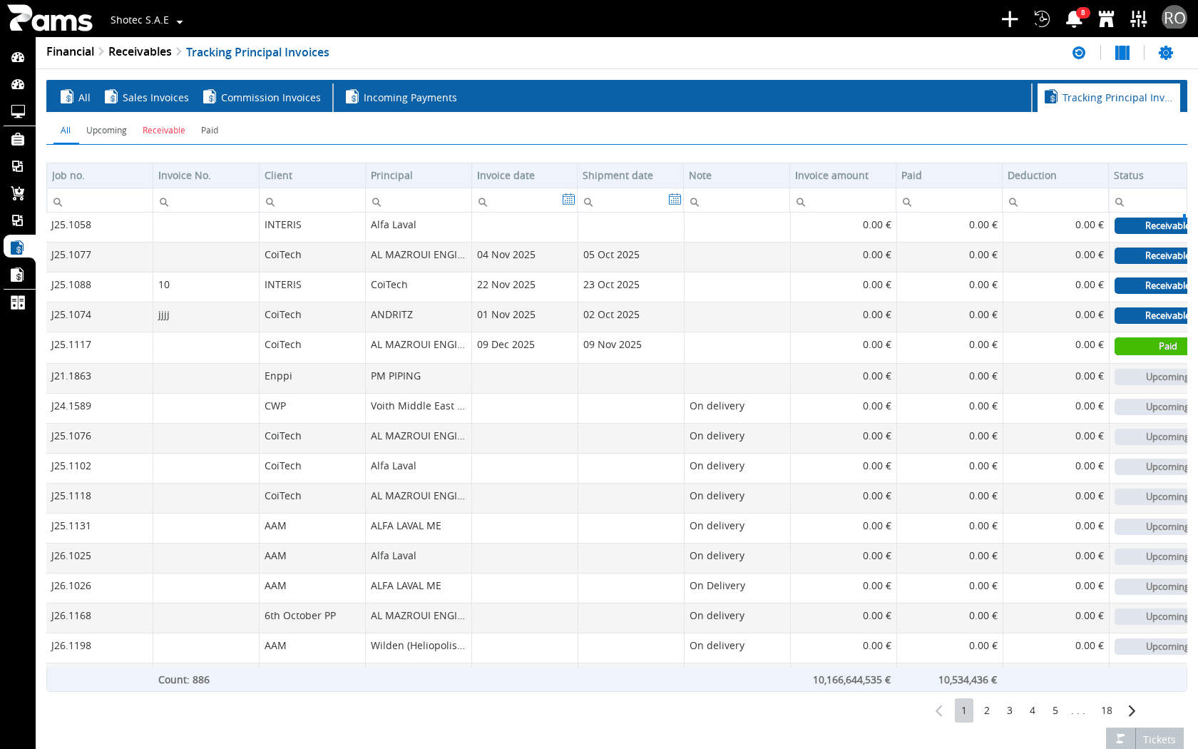 Check the finance heading, status filters, and list headers.